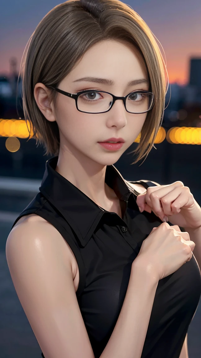 4K quality、最high qualityの傑作、Punk girl in thin glasses and a black shirt, (heavy makeup), Blurred city background at sunrise, short hair, detailed face, high quality, High resolution、(full shot:1.8), big breasts、