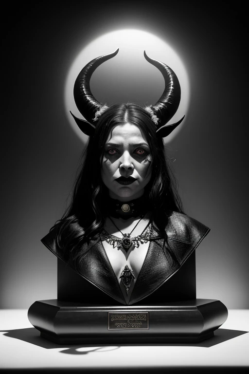 a woman in a black dress and a crown on her head , a black and white photo , a statue of a woman with horns on her head and hands folded in prayer, with a blue background and a pink wall behind her , vintage, occult,