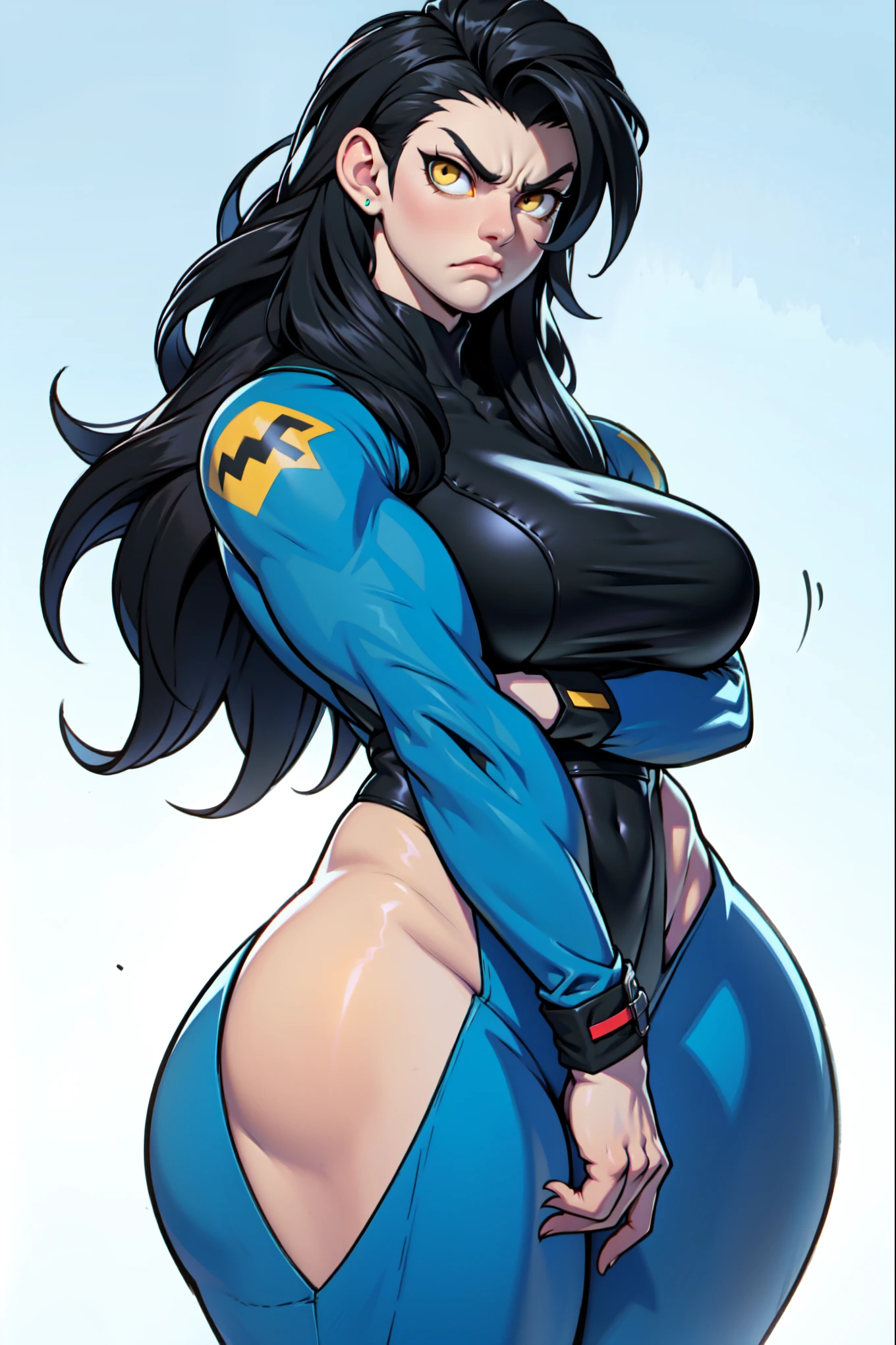 ((((muscular 1girl)))) ((((thick toned body breasts)))) black hair yellow eyes very long hair sad skinsuit