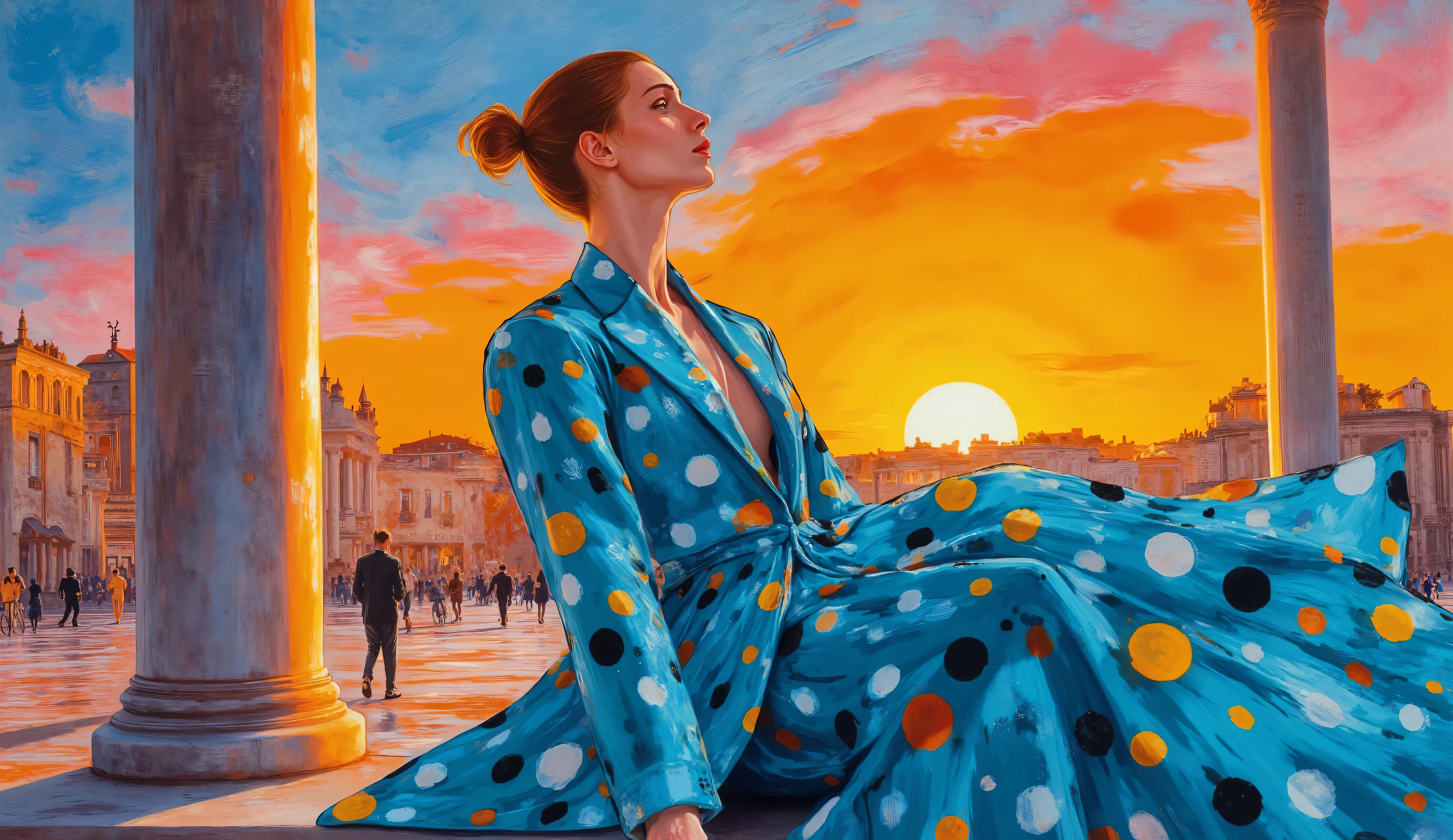 surreal fantasy, acrylic, Linda garota com cabelo ponny tail, casual cloths, sentada em um banco em uma praça em Roma , palette of color Amaranth Purple, Cadet Blue (Crayola), Azureish White, Teal Blue, Morning Blue, sunset, volumetric lights, ethereal mood, acrylic, fashion illustration.