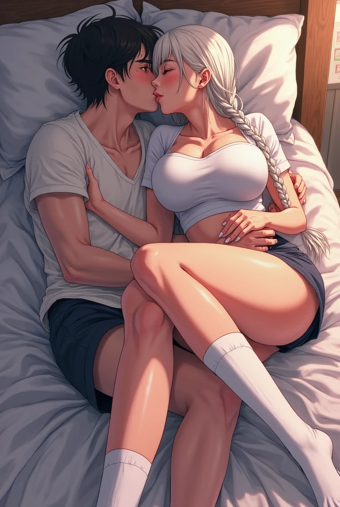 top-quality, masterpiece, Male and female couple, Girl sitting on a bed and wearing a transparent ren pant and bra, Boys hugging each other from behind, Boy wearing hogwart high schooll uniforms, Without glasses, love relationship, gigantic boobs girl, asian boy, asian girl, white hair girl and white hair boy, girl is shy, boy is grabbing girl's boobs, hand in , girl is spreading legs, long straight hair, both is kissing other from behind, girl's hands is touching
