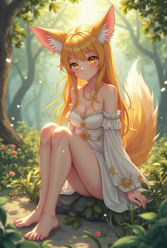 (best quality,4k,highres,masterpiece:1.2),ultra-detailed,realistic,photorealistic:1.37,a female nine-tailed fox,beautiful detailed eyes,beautiful detailed lips,extremely detailed fur,long fluffy tails,graceful posture,shimmering gold fur,lush green forest background,sunlight filtering through the leaves,vibrant colors,ethereal atmosphere,traditional ink painting style,dreamy and mystical,subtle color gradients,soft and delicate lighting.