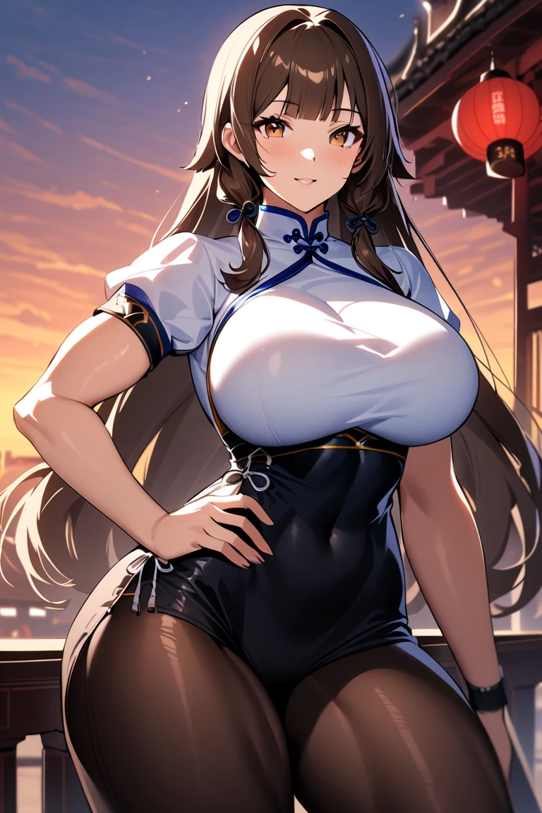 1girl, cleavage, thick thighs, panties, skirt lift, lifting skirt, smug smile, looking at viewer, huge ass