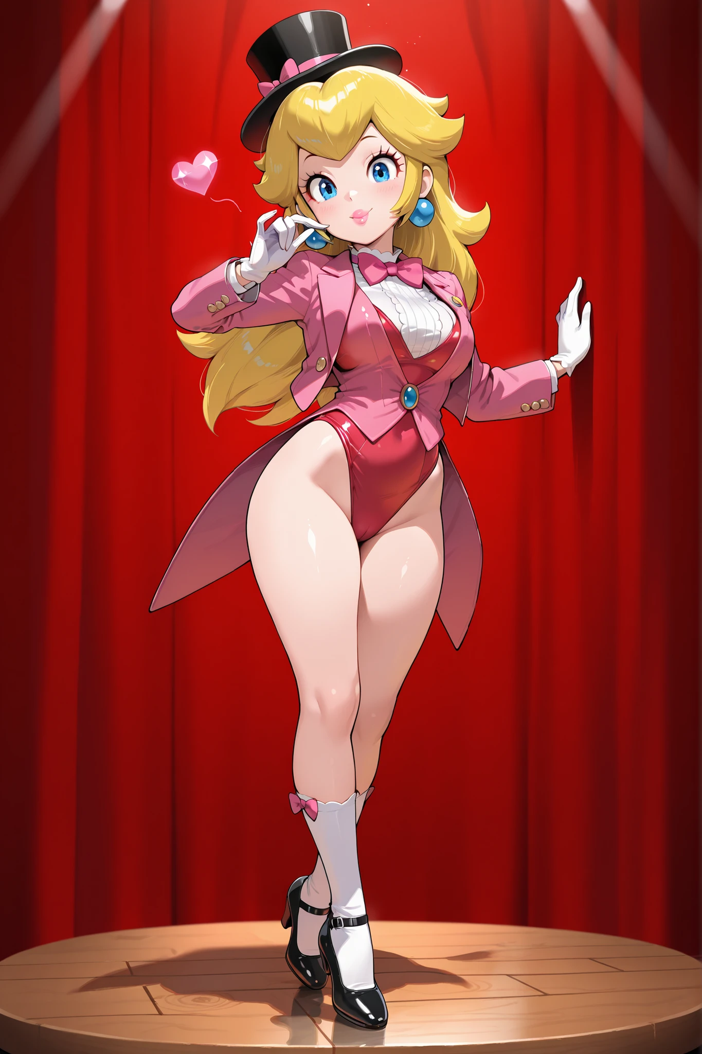 masterpiece, amazing quality, best quality, princess peach, 1girl, solo, smile, , scrunchie, blue eyes, blonde hair, hair down, breasts, tap dancing cute, wearing a pink sparkling tuxedo jacket, white undershirt, pink vest, pink bow tie, red short leotard bottoms, black with pink ring top hat, white gloves, black shiny mary jane tap shoes, with small white socks, on stage, red curtain background, natural beautiful makeup, red glossy lips, clicking sounds on her tap shoes, full body, doing kick steps as she tap dances on a small wood board, black tap shoes,