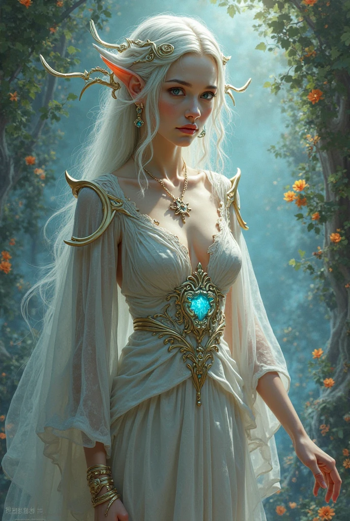 photo-realistic image of a beautiful elf woman with fair skin, "light blonde hair", and "striking blue-green eyes". She is wearing a delicate necklace with a white-transparent orchid pendant. "Her attire is a very thin, light, and completely transparent white silk ribbon", draped around her neck, crossing over her chest, and tied at the waist. The transparent white silk ribbon does not cover her sides, leaving her hips and thighs exposed. The ribbon only covers her breasts and crotch area, emphasizing its delicate, sheer, and revealing nature. Elaria stands before a magnificent statue of the goddess of love in the center of an elven sanctuary. The statue depicts the nude goddess with outstretched arms, blessing everything around her. Elaria gazes intently at the face of the goddess, her hands folded in a gesture of prayer. Around her neck is a decoration in the shape of a translucent white orchid, which gently shimmers in the sunlight. She is surrounded by blooming bushes, and magnificent trees with sprawling canopies grow around. Nearby, a small stream flows, quietly babbling and harmonizing with the birds' songs.