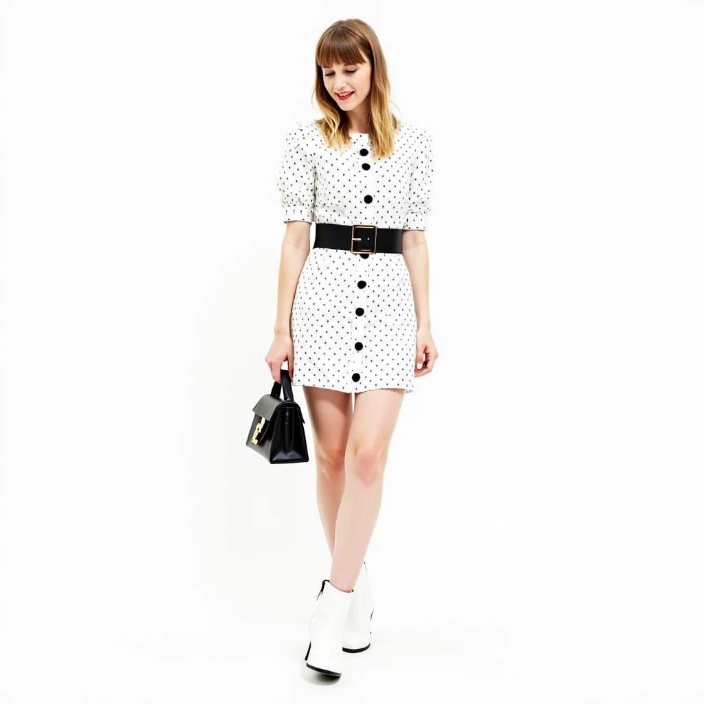 A girl model with medium-length hair and bangs is wearing a creamy beige dress with pleats and sheer cap sleeves, along with a lace-up detail at the neck. The dress is cinched at the waist with a large round buckle belt, and the hem has a sheer border. She pairs this with ((white socks)) and ((black T-bar platform heels )). The background is a soft pink, and the photo is a full body shot.