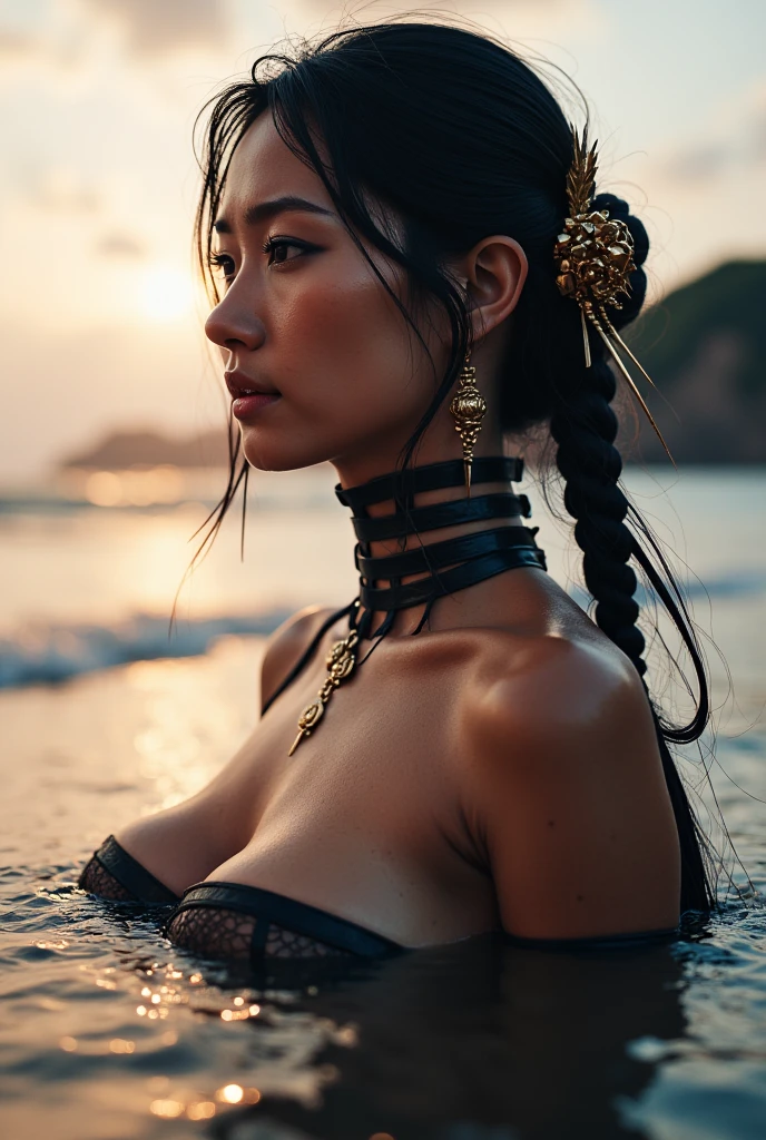 The uncloth indonesian young girl,long black hair, face look at indonesian oriental face is portrayed on a beautifully draped uncloth against a aftermorning lighting background of balinese park city. It was apparently not the artist's intention to illustrate a theme along the lines of landscape world and barong and carving detailed, for instance, but simply to paint a picture with no specific subject in mind with blue sky and lighting , a highly detailed epic cinematic concept art, art station, beautiful beach, concept art, illustration, highly detailed artwork cinematic, hyper realistic.
