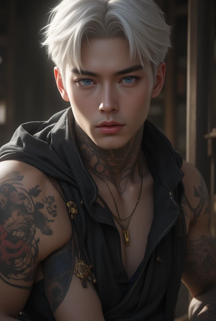The 17-year-old emotional boy is covered in tattoos，There is an eagle tattoo on the chest，Reveals his thirst for strength and freedom。He wears a black casual vest，Hide the eagle tattoo,He dyed his gray hair，It adds a sense of mystery and coldness to his image。 --auto