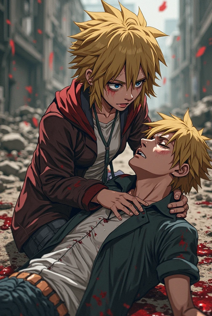 Young man with an angular face giving a smile with pointed teeth. His blonde hair is disheveled and often falls over his forehead in a messy manner., reflecting a sloppy style. Their brown eyes often convey a mixture of determination and tiredness., with an expression that varies between firm resolve and vulnerable innocence. He has a slim physique, but athletic, indicating a life of physical challenges and battles. His clothes consist of a crumpled and bloody white shirt. , a loosely tied black tie and dark pants, all often torn and dirty, suggesting an arduous and exhausting life, He wears white All-Star sneakers with red stripes and a chainsaw running from his forearm to the middle of his fingers..