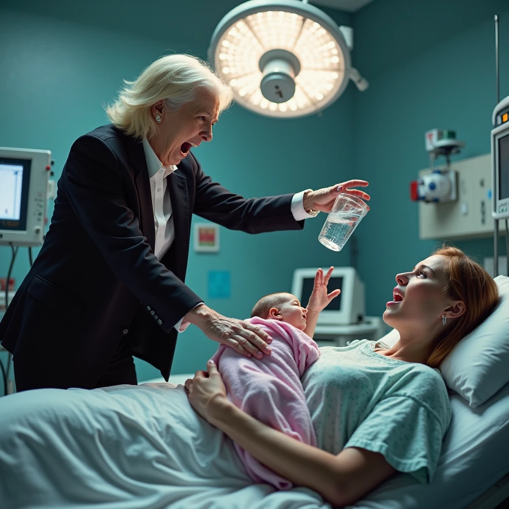 Realistic babies are placed on a conveyer belt like mass-produced goods and flow by one after another, while a beautiful woman in a white coat sorts them. She grabs one of the realistic babies by its legs, hangs it upside down, and laughes cruelly.