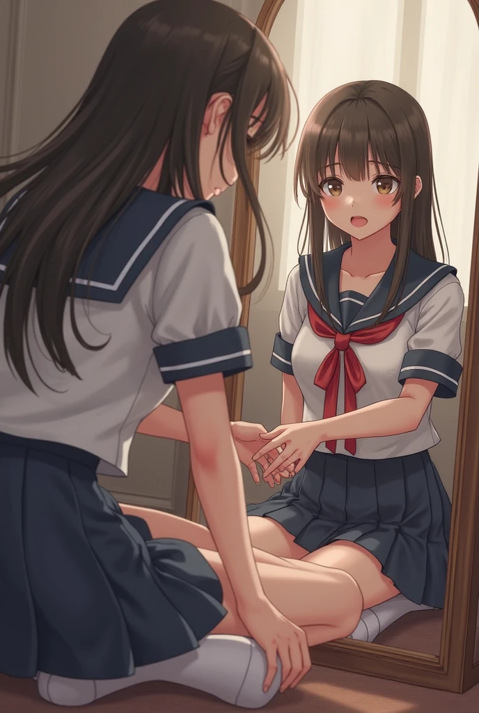 (masterpiece:1.4)、(1male people:1.9)、1girl、15 years old,(:1.2),high school student,beautiful girl,(short ponytails:1.2),akb48,nogizaka46,sailor suit,high ,(A father is touching his delicate girl's crotche:1.9)、student clothes、a closeup、Lying in bed、Father touching the crotch of delicate girl、(Cute 15-year-old delicate girl with semi-long hair and 50-year-old father with short hair)obscenity:1,2、Metamorphosis:1,2、NSFW:1,2、caress:1,2、Wrinkles between the eyebrows、Touching each other's crotches、red blush、toppless、White panties、Dark blue pleated mini skirt、tre anatomically correct,(small breasts:1.2),(skinny:1.2),