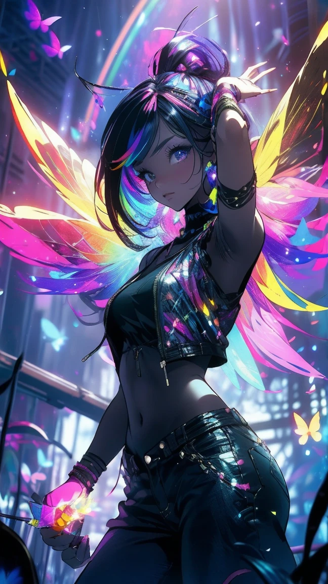 Highest quality,Highest Resolution,４K quality,Smiling beautiful girl,Full body close-up,Starry Eyes,Black hair ponytail,,Iridescent Bra,High leg,Rainbow garter belt,Rainbow colored knee-high stockings,Dark bedroom at night,Iridescent underwear,Standing posture,
