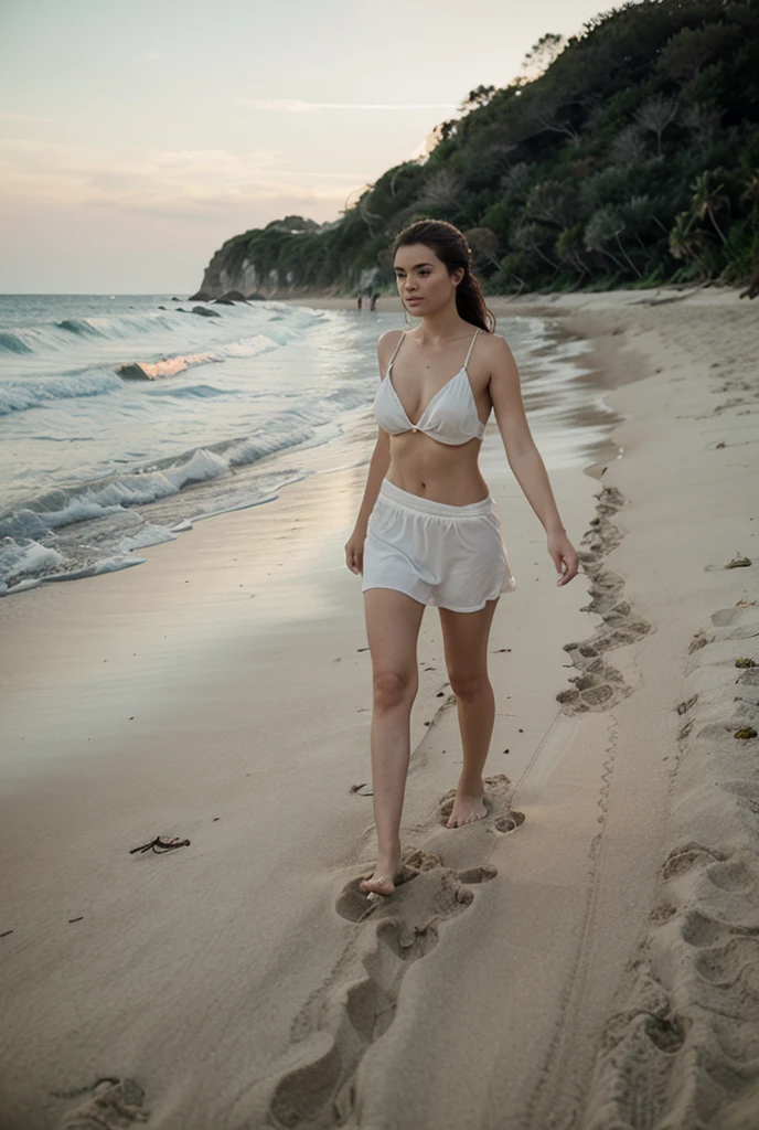 standing on the road at the beach, model photo, wearing a bikini with a tight white shirt