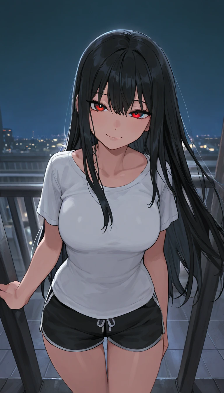 a woman with casual clothes, black hair, red eyes smiling, in a city, sunset, big breasts, masterpiece, 4k, perfect, ultra resolution

