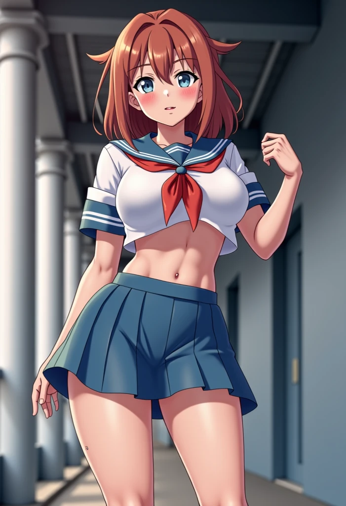 (Masterpiece, Best Quality, High Quality), cowboy shot, Nishikino maki, Red hair, purple eyes,1girl, solo, breasts, looking at viewer, bangs, skirt, large breasts, shirt, hair between eyes, sitting, closed mouth, school uniform, white shirt, short sleeves, pleated skirt, serafuku, indoors, miniskirt, sailor collar, blue skirt, crop top, neckerchief, no bra, underboob,