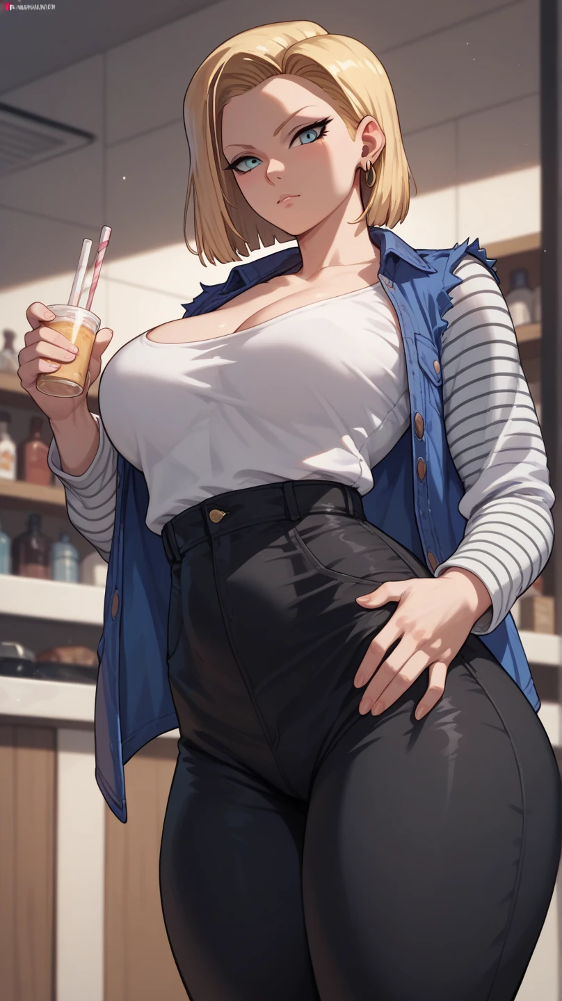 21 years old woman with gray eyes, white long hair, yellow low-cut top, short denim, big tits, big legs,