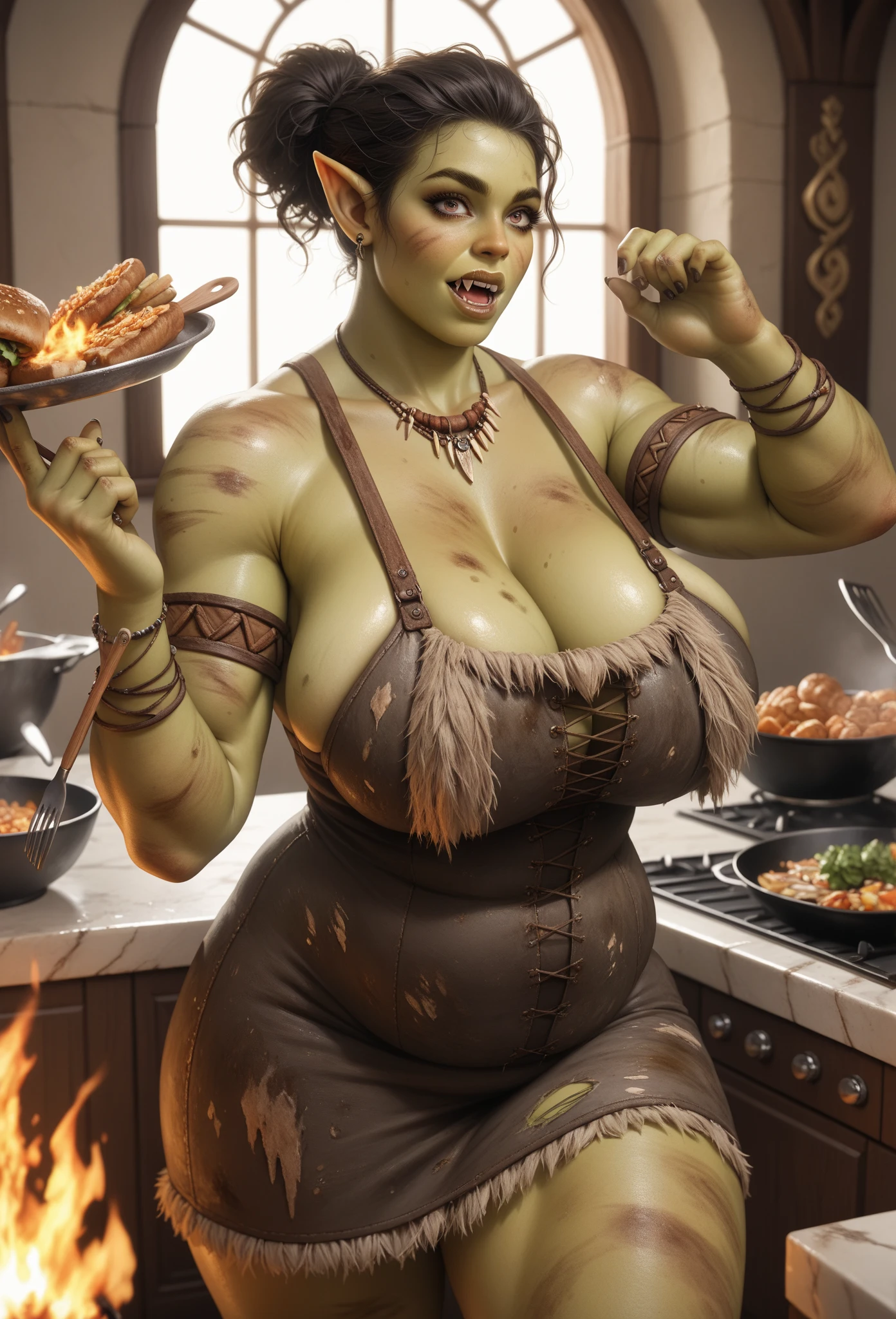 Young orc woman, female orc, chubby, fearsome, (cooking food on fire), overweight, dirty hair, ((green skin)), skin imperfections, skin dentation, detailed eyes, big saggy breasts, wide hips, round belly, sharp Focus, ultra high quality, voluptuous, crazy details, intricate pose, (wearing dirty leather and fur clothes), tribal tattoos, (wearing dirty linen dress), dirty clothes and skin, deep cleavage, 8k uhd wallpaper, masterpiece, photography, hyperrealistic, interesting shooting angle, orczor, shewoworc, naz_grandmight,