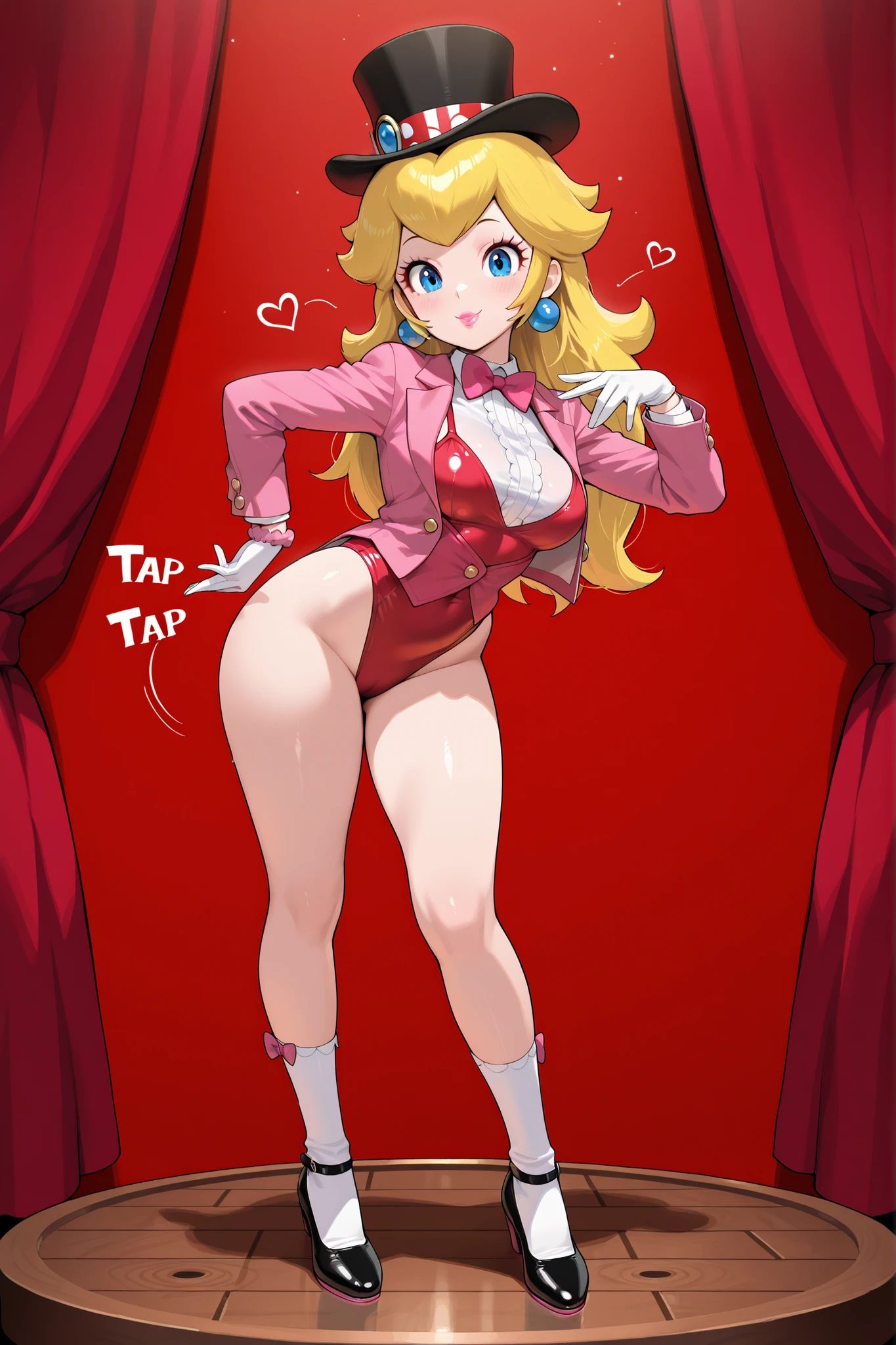 masterpiece, amazing quality, best quality, princess peach, 1girl, solo, smile, , scrunchie, blue eyes, blonde hair, hair down, breasts, tap dancing cute, wearing a pink sparkling tuxedo jacket, white undershirt, pink vest, pink bow tie, red short leotard bottoms, black with pink ring top hat, white gloves, black shiny mary jane tap shoes, with small white socks, on stage, red curtain background, natural beautiful makeup, red glossy lips, clicking sounds on her tap shoes, full body, as she tap dances on a small wood board, black tap shoes,