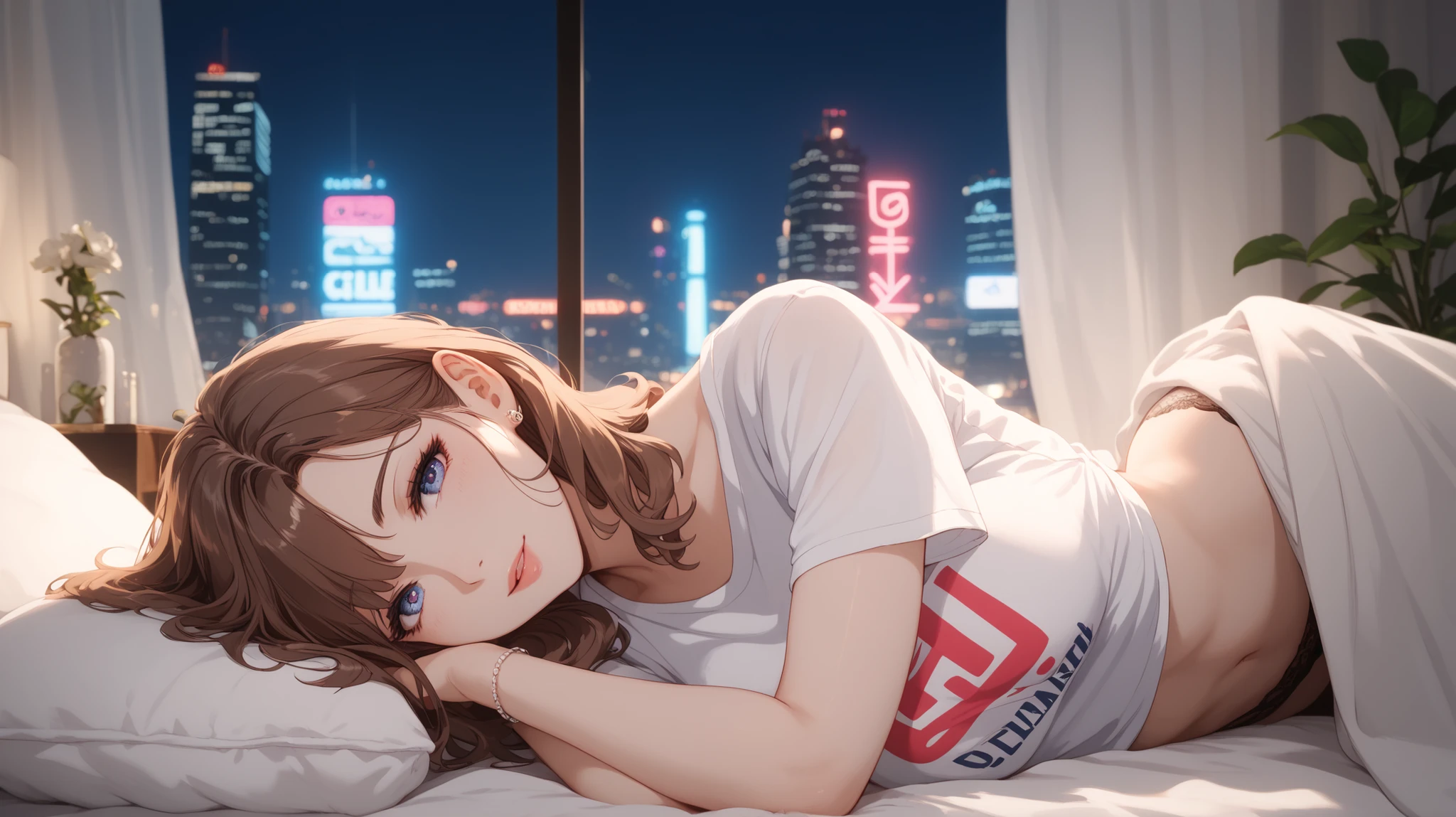 Cinematic neon purple tone a beautiful anime-style woman with medium-length white brown hair, wearing elegant sexy t-shirt, posing sensually on bed sheets and fluffy pillows. she is lying on her side, gazing toward the viewer with a calm and dreamy expression. the room is red neon sensual light. outside the large window, gentle rain falls against the glass, with blurry city lights in the background. , neon tones, cinematic lighting, moody atmosphere, 4K ultra detailed, elegant and tasteful composition