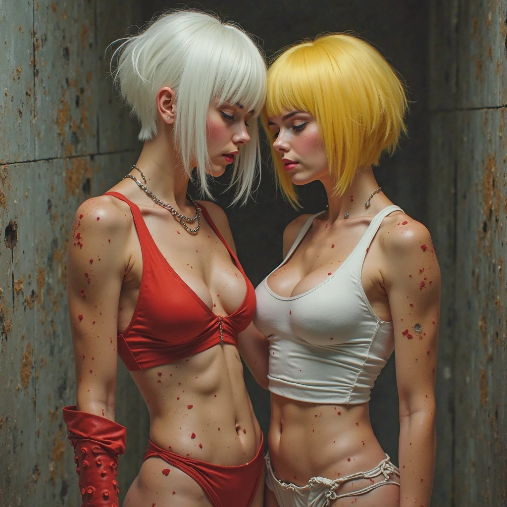 two young women, very old clothes && torn, one has white hair the other has red hair, beautiful young women, partially exposed body, 18 && 20 year, hourglass body, One thin, the other strong, interior environment of a ruined building end-of-the-world style, dilapidated building, fully body, proximity 1.0, high qualiy, latest generation, looking at the spectator in a fighting position