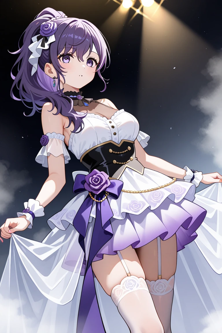 One girl, extremely detaled, glasses, very short curly purple hair, summer gauzy and freely purple dress, dynamic pose
