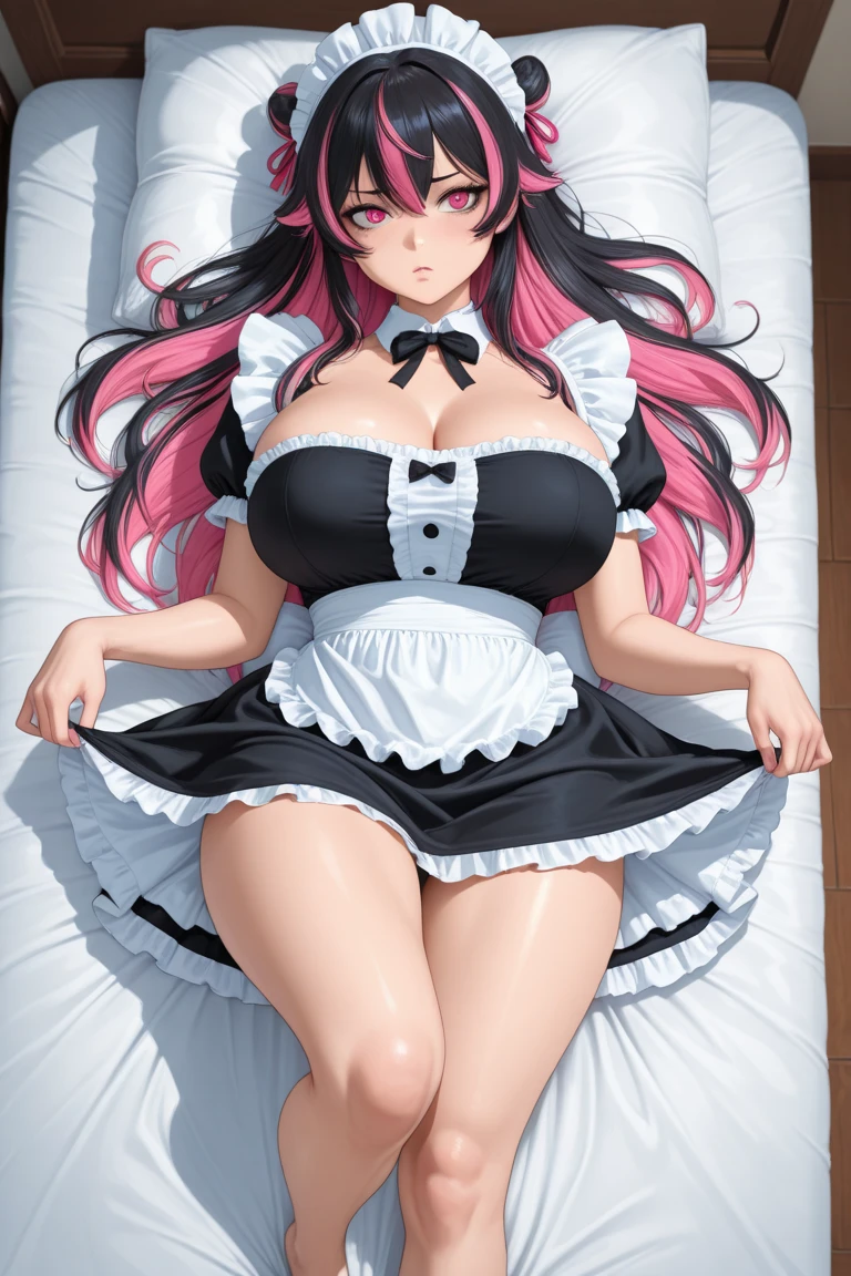 anime image of a maid lying in bed with a doll, muslos grandes, Oppai, , military ss anime maid, anime maids riding starter tanks, giantess art, thick, Oppai proportions, a hyperrealisitic , realisitic , anya from the spy family x, anime girl in a maid costume