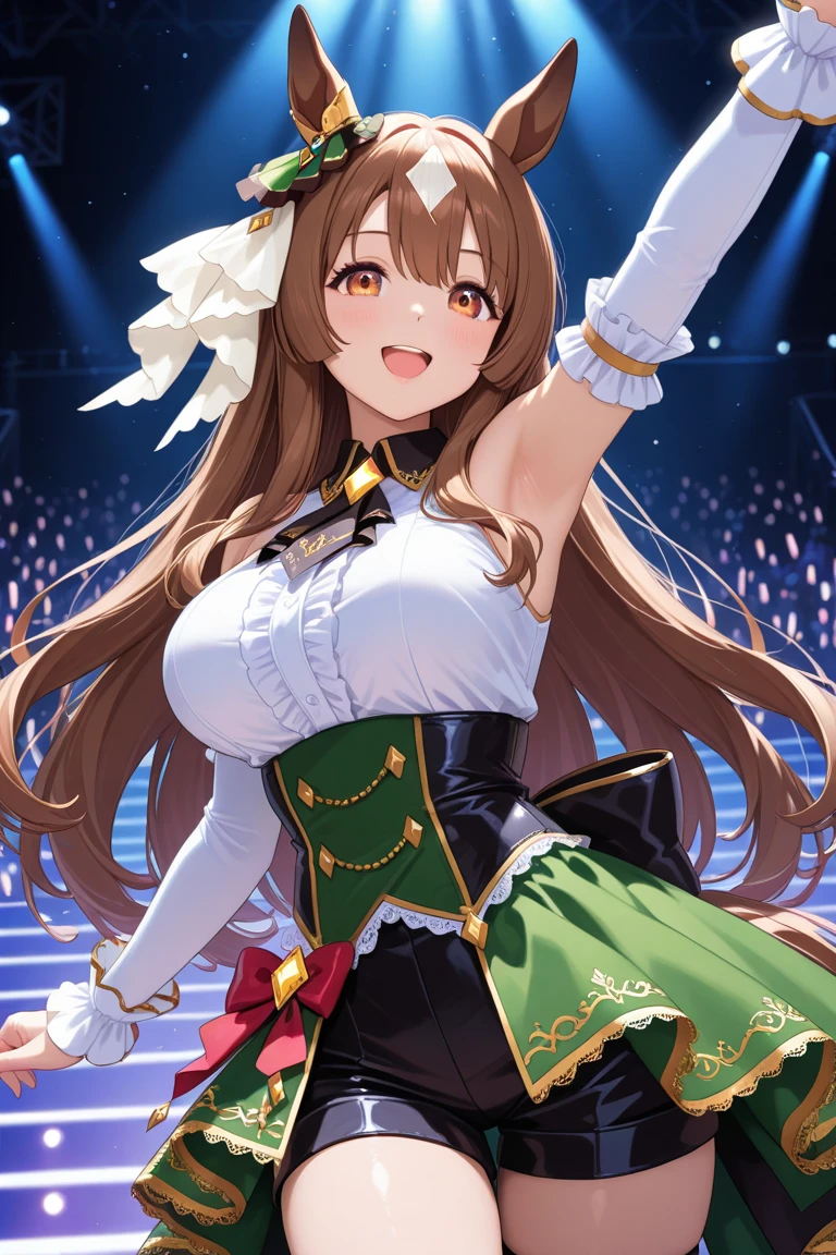 Highest quality、Complete limbs、Full Finger、Slender beauty、Straight Hair、Brown Hair、デレステ、green, White and purple idol costume、Knee-high socks、Beautiful big breasts、Live Stage、sing、Kneel