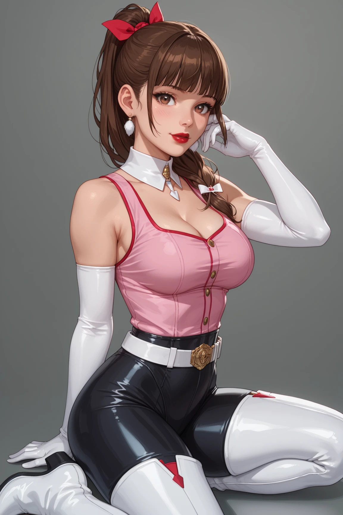 (((Woman))), (((best quality))), (((Masterpiece artwork))), (((grown-up))), (((1ガール))), ((( Bob Hairstyles ))), ((( latina ))), ((( darkskin ))), A 25-year-old cyberpunk gladiator with a perfect body, Brooklyn Gladiator, tanned (( Bob Hairstyles )), Small leather panties, Ripped rugby team shirt, Simon Bisley, nearly naked（Simon Bisley）Urban barbarian style for《heavy metal》cover of a magazine, with short golden hair, Minimal clothing, Metal protection of the left arm，With complex graphics, Faded red with white stars and paisley motifs, Navy and white, Armor painted with aggressive graphics, Full of rivets, (((from the knee up))), O fundo é Shepard Fairley（Shepard Fairey）Intricately designed painted walls，(CRU photo:1.2)，Pink Latex Jumpsuit，Hollow in，Holt collar, látex Ablaze,fair，sweaty legs, wearing atsuko kudo latex clothing, wearing tight suit, pink and smooth skin, jumpsuits, using latex, plástico Ablaze, pele Ablaze metálica Ablaze, The color of pink glow, latex clothing, chrome body, terno de látex Ablaze cyberpunk, Ablaze, terno de látex Ablaze futurista　open your legs　legs in M shape　annoyed look　humor　vred, shine all over the body