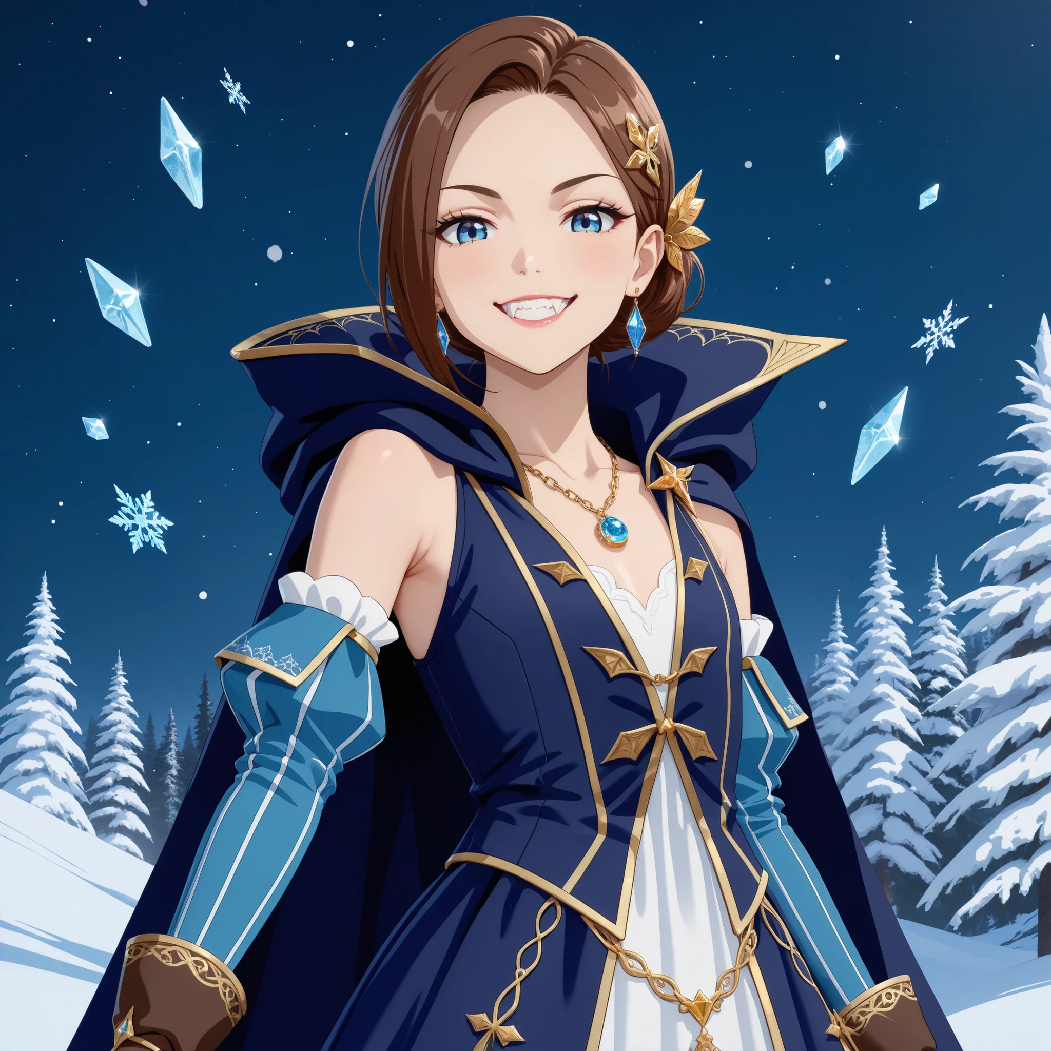 lone, solo, feminine vampire sorceress 1girl, cute, pretty, half european, half asian, model pose, fashion, luxury, luxurious, wealthy, clean, (young), beautiful, short, petite, thin, Rinwell sorceress outfit, fantasy outfit, luxurious necklace, close view of chest area, close up of flat chest, gold ribbon, magical blue eyes, short dark brown bun hair, parted bang, blue cloak, sleeveless fantasy jacket, gold hairpin, dress hair ornament, magical orb necklace, detached sleeves, bare shoulders, brown gloves, earrings, clear night sky, magical circle, ice shards, snowflakes, Winter landscape, pine forest, ivan-shishkin landscape, (surrounded by Frost spell:1), (Vampire teeth), (Sharp incisors:1), dominant, arrogant, smug, confident, evil, mean, mischief, cocky, sexy, sly, playful, flirting, stoic, dominant, royal, looking down at viewer, (mischievous mean smile:1), haughty, closed mouth, looking at viewer, high resolution, standing, anime, from below, masterpiece
