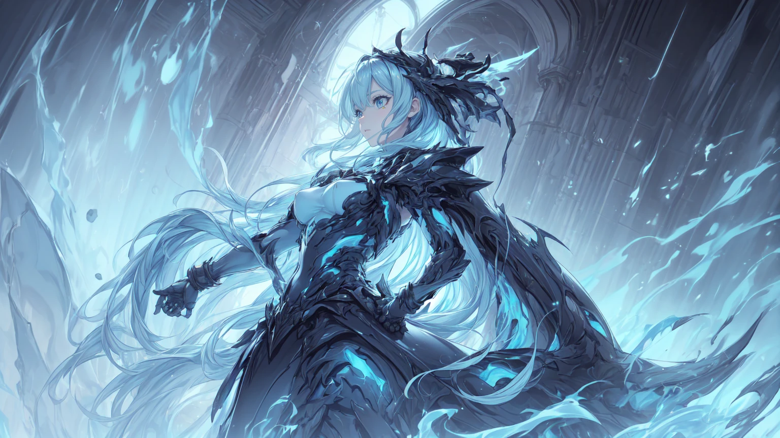 Goddess, goth, blue lightning, fantasy, long dress, albedo