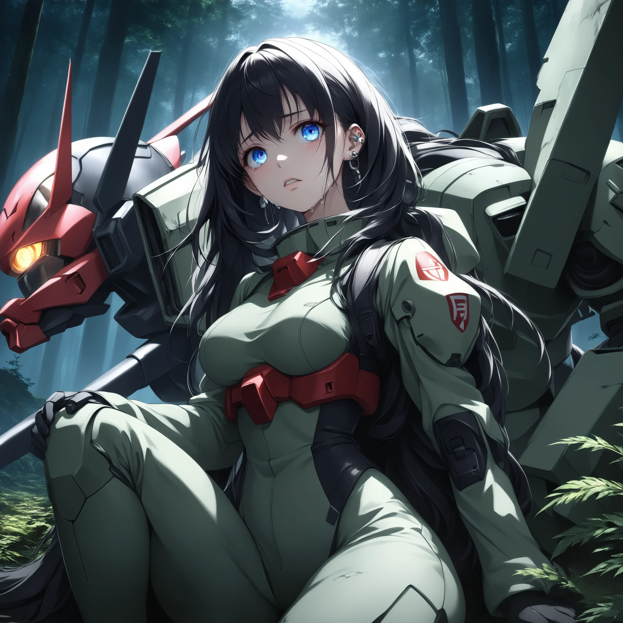 ((extreme quality)), ((Masterpiece)), (( Enrich the picture, Masterpiece level quality)), black hair , Mid-length Layers hair , medium breasts , blue eyes , fierce woman , extreme eyes details, raw 4k, perfect proportions , extreme hair detailed, extreme cloth detailed, extreme detailed , extreme background detailed, ((great effect to highlight the subject)) , ( cinematic lighting , moody , textile shading) , perfect proportions , extreme detailed , volumetric lighting , soft lighting , glossy skin, glossy hair, beautiful face , extreme face details, Detailed facial features , Long eyelashes, Incredible atmosphere, Fascinating setting, dynamic pose, ear rings , gundam theme, eff pilot , black flight suit , ((ruined zaku, zaku half body behind heroind,)) forest, hips up, kneel down, very afraid face, afraid eyes, crying, bite lip,