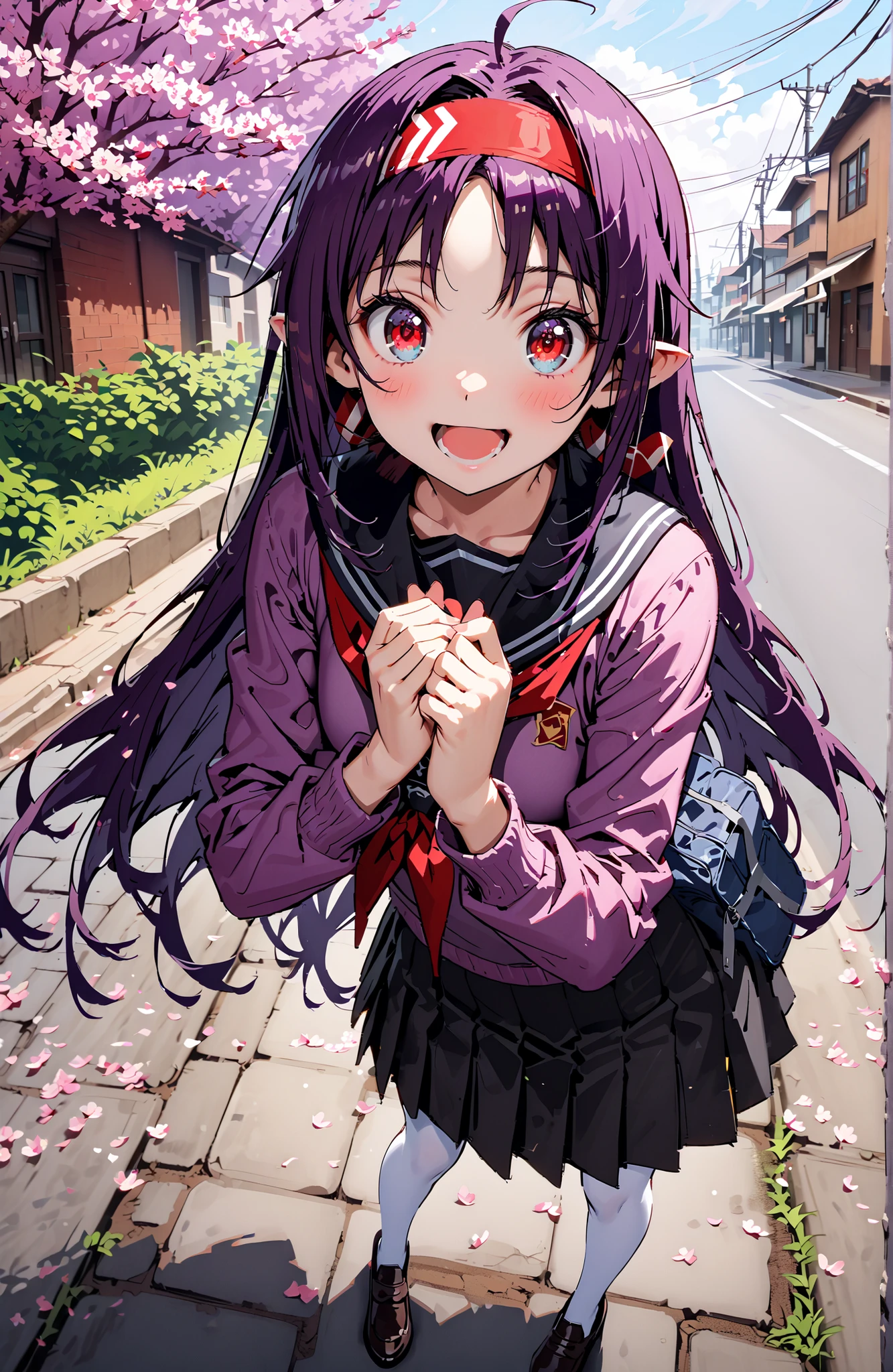 yuuki konno, headband, long hair, pointy ears, purple hair, Red Eyes,
smile,blush,opens his mouth,black sailor uniform, purple cardigan, long sleeve, Black Mini Pleated Skirt ,white pantyhose as if it were in the illustration,loafers,school bag,standing,spring,cherry blossoms, Beautiful Streetscapes,holding an umbrella grip like the whole body is in the illustration,destroy the outdoors, residential area,
壊す looking at viewer,full body
Break (masterpiece:1.2),best quality ,Kampala,unity 8k 壁紙,(shape:0.8),( fine, beautiful eyes :1.6),It's a person ,full body photo,CG Details , (perfect hand in h,Complete Anatomy),