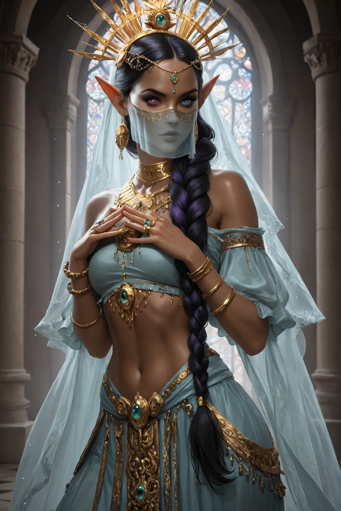 (tangobat:0.7),(Sakimichan:0.7)(High CT quality,4k,High resolution,main piece:2.3),Very detailed,Realistic:1.37,Best quality,masterpiece, high resolution,on_body, Tyndall effect,photorealistic, Edge lighting, Two-color lighting,(high definition skin:2.3), (8K UHD, DSLR quality, soft lighting, high quality, surround lighting, sincere, de 8K , 4K, 8K.) The girl is an Indian princess. She has copper-colored black  skintone. She has a henna patterns of mehendi art painted on her hands, and there is a red bindi dot on her forehead. She has a jet-black hair with purple highlights, hair hairstyle is a long  braid gathered and  printed with golden hairpins. She has heterochromia: one eye is turquoise and the other is navi blue. (A pink-gold face veil that covers the lower half of the face) She is dressed in pink ethnic dancer outfit: a short-sleeved top, a floor-length skirt, and a scarf embroidered with golden peacock feathers that she wears over her shoulder. she has a turquoise veil dupatta on her head. She wears a lot of bracelets and gold rings on her hands, a massive gold jewelry around her neck, large gold earrings in her ears and a piercing in her navel. IN the background: a rich arabian-style palace, the walls and ceiling are decorated with mosaics, from the window  a tropical garden where flowers bloom and peacocks walk.
