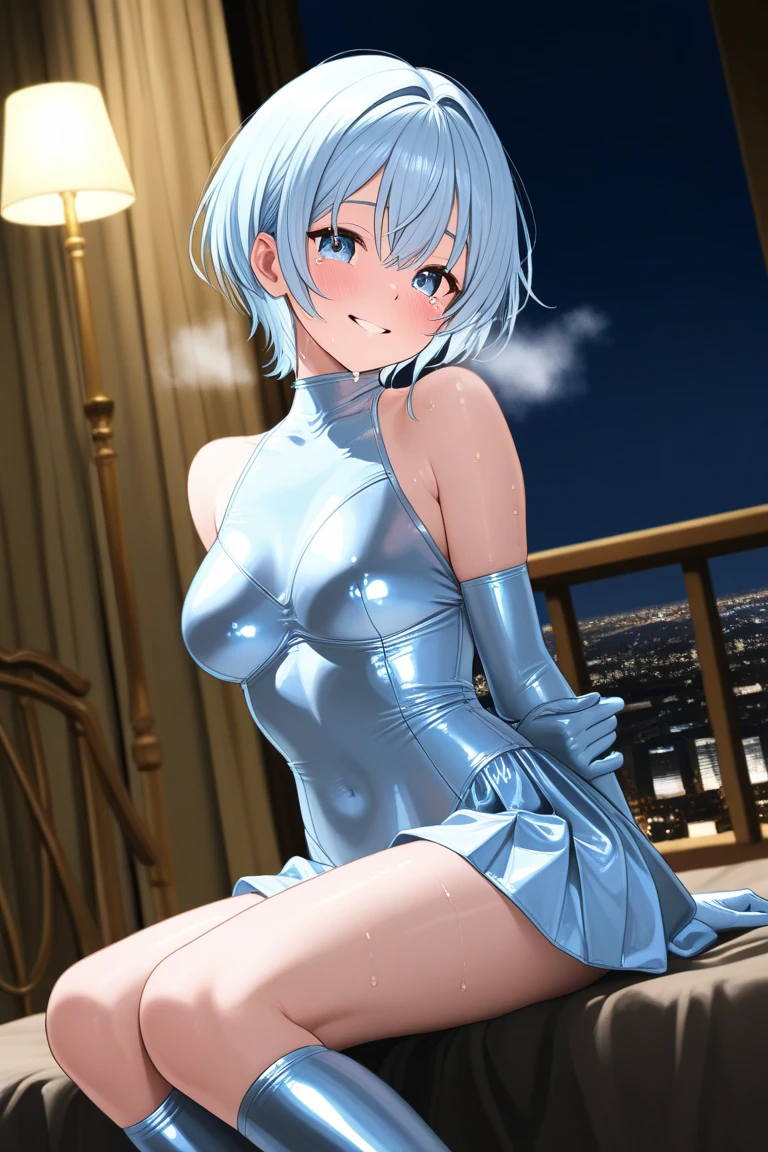 masterpiece, best quality,ultra-detailed, realistic,rem,re zero, 1 girl, skinny body, blue hair, short hair, curvy hair, (perfect face), blue and yellow eyes, (perfect face), detailed eyes, (towel 1.5), (glitter:1.5), luxury interior, bathroom, (blushed), (shy), portrait,gold theme, glowing, latex, shining,