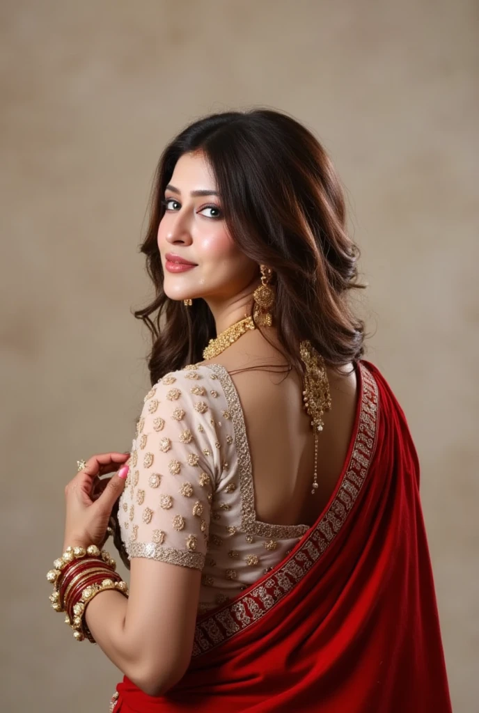 high quality, photo of a 27-year-old woman, detailed face, white and red net saree , priyaba <lora:priyaba:1>
