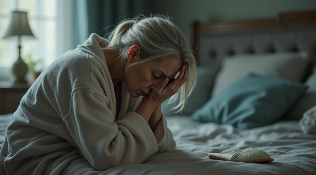 image of an elderly woman kneeling praying with her hands on her face in her bedroom
