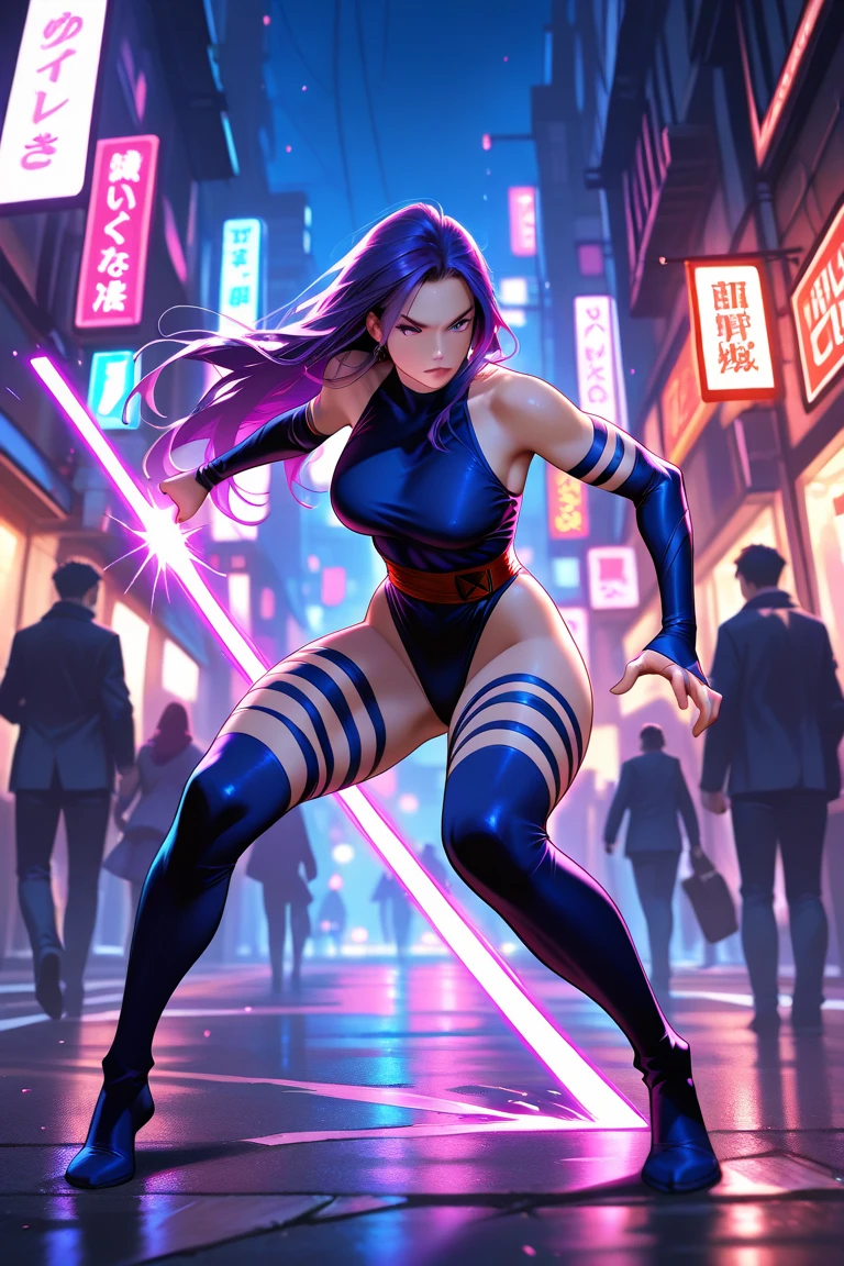 (New York: 1.5), (time square 1.50), Psylocke, also known as Elizabeth, is known for her distinctive appearance and her psychic and telepathic abilities, which are often associated with a psychic blade or psychic katana.
Physical appearance:
Psylocke is a woman of British origin and with an Asian appearance for a while. However, its most recognizable form is as follows::
Hair: Psylocke usually has long, dark purple hair that falls in soft waves. Her hair is a striking feature and is often worn loose. Eye: Her eyes are typically depicted as blue, but they can also be depicted as purple when she is using her psychic abilities. Body: Psylocke is chiseled and athletic, like many Marvel superheroes. Her physical form reflects her proficiency in martial arts and her combat skills.
typical costume:
Psylocke's costume is an important part of her visual identity. She is often depicted wearing the following attire:
bodysuit: Psylocke wears a bodysuit that covers her entire body. The costume is usually tight (dark blue or black color :1.5) that covers your body from neck to toe and is made of material that fits the body.
waistband: She often wears a red waistband that wraps around her waist. This stripe serves as a point of contrast in her look, breaking the monotony of the main color.
Psychic Blade: Psylocke's most iconic feature is her psychic blade or psychic katana. This is a blade made of psychic energy that she can create with her telepathic abilities. The blade is often described as a traditional Japanese sword, and she wields it skillfully in combat.
gloves and boots: Psylocke wears gloves and boots in the same color as her bodysuit, completing the look. These items usually have simple details, such as stripes or lines that complement the outfit.
mask: Although not a constant feature of her costume, Psylocke wears a mask that covers part of her face, leaving only her eye, (slender body: 1.5), (Clothing: 1.5), (large breasts: 1.3), (b