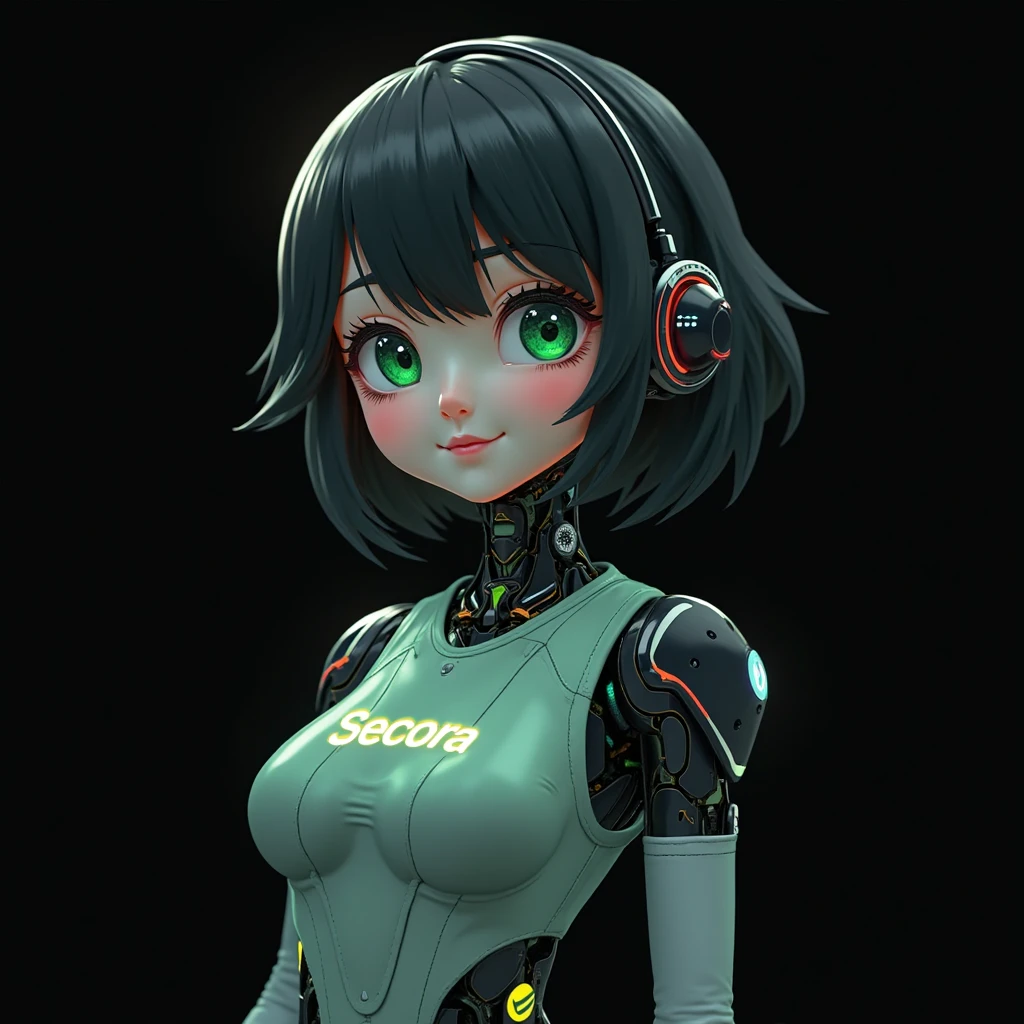 Busty matte black robot girl with orange details