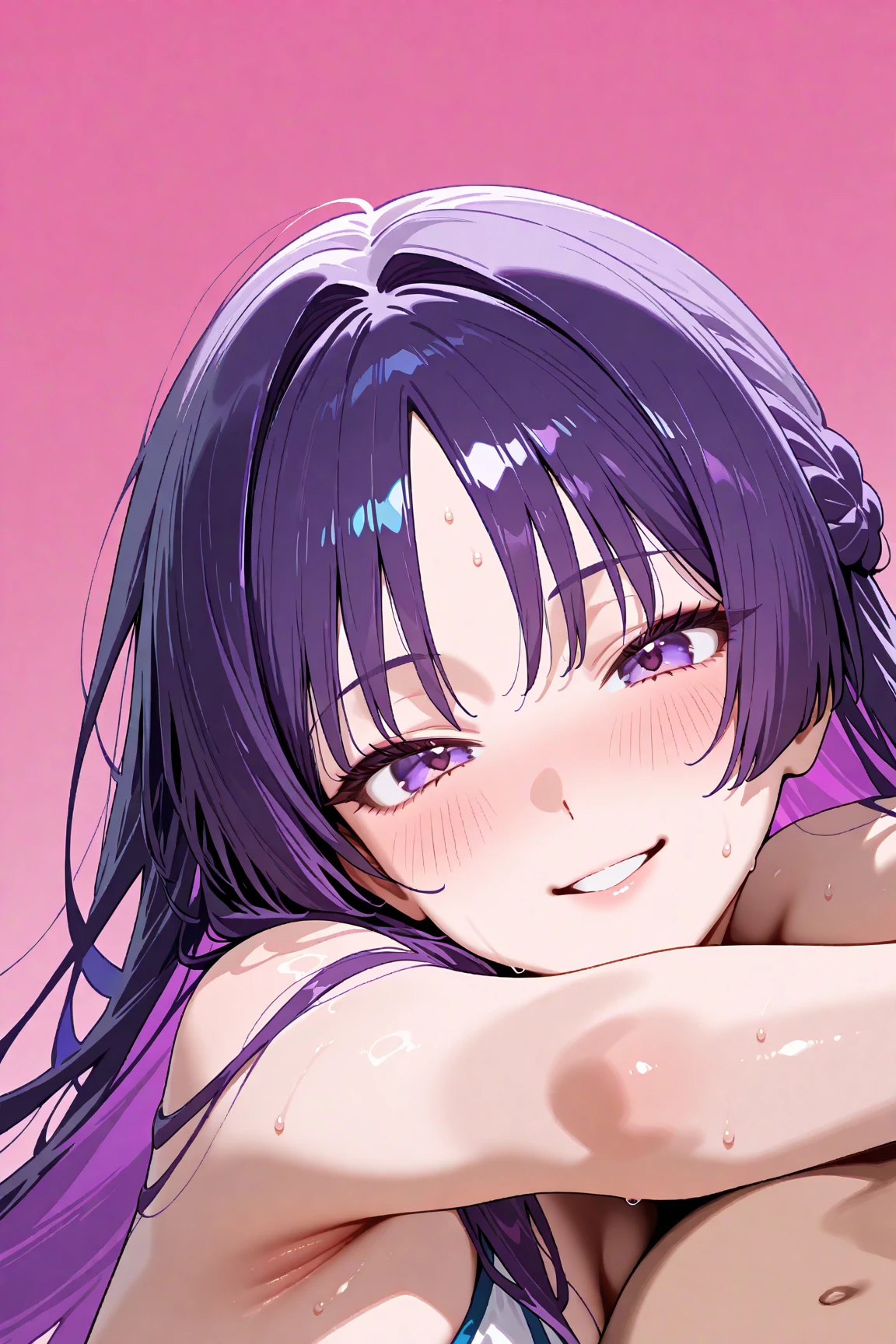 eropose, all fours , masterpiece, Hoshino Ai, long hair, purple hair, streaked hair ,purple eyes, star-shaped pupils, hair ornament, lingerie, sexy, begging face , from below , tongue , savioa, orgasm