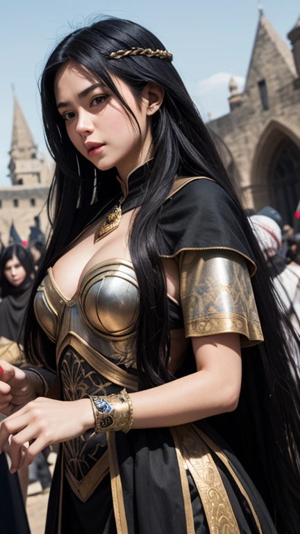 model shoot, (1 woman 30 years old), Islamic warrior, hyper realistic, super detailed, Dynamic shot, masterpiece, scene sharp détails, perfect eyes, perfect hands, fierce leader, battle field, headpiece, angry, looking at viewer, mountain, hijab, cleavage,