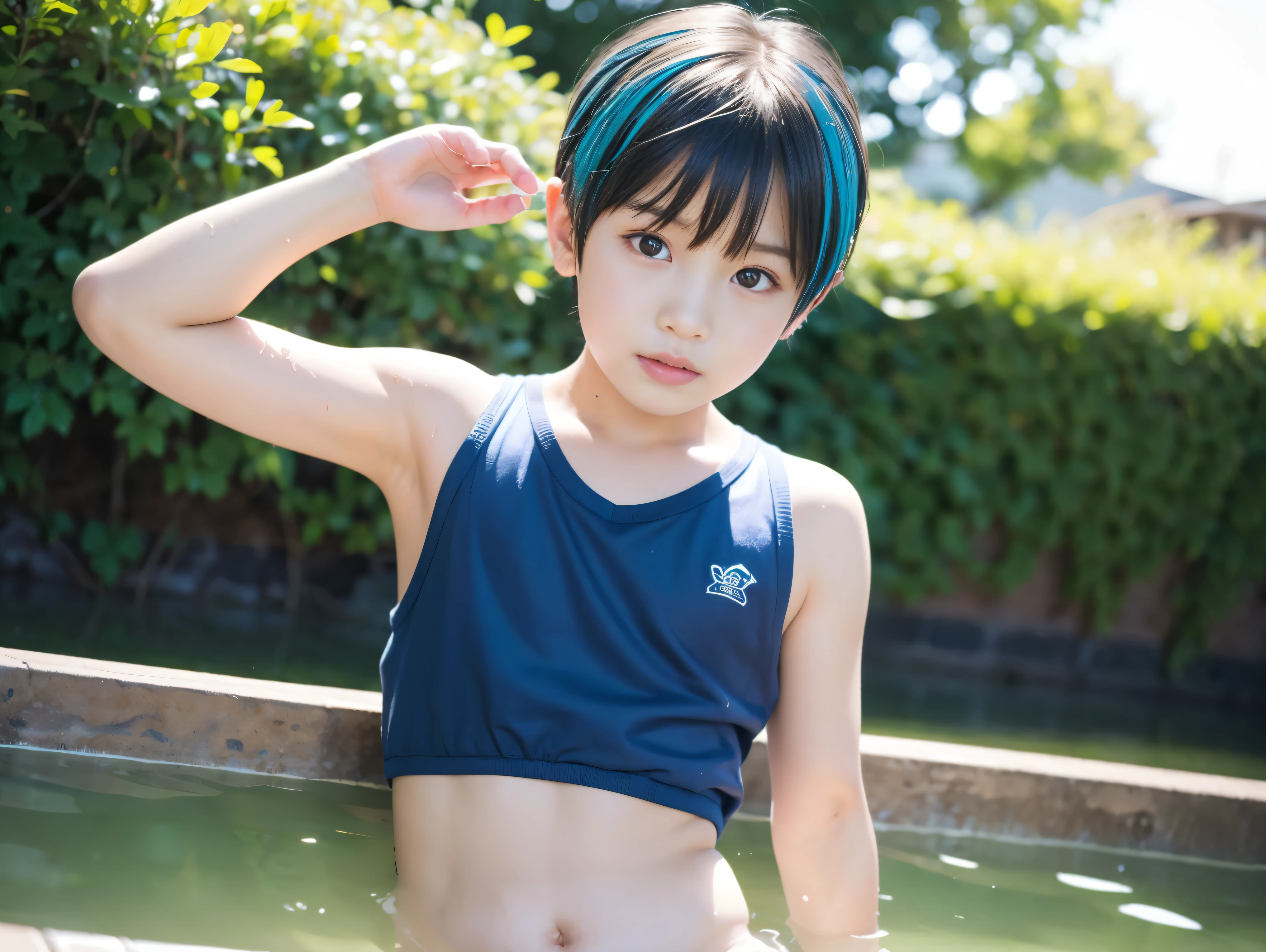 Young 13-year-old boy with black hair and brown eyes, innocent and happy, dressed in short neon-blue speedo, bare feet, fullbody; short hair, boyish athletic, sexy, abs