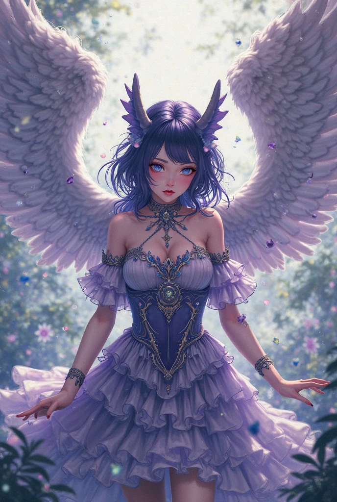 Generate a pretty angel with glittering (((dark purple hair))), loose curls, and long hair, and purple macro eyes. Her eyes are extremely detailed and high resolution, and should contain shades of purple with realistic shading, ((((beautiful detailed eyes.)))) She has dark skin. She is wearing delicate clothes of billowing silk, shimmering silk, and stunning feathers. archangel, silver ornaments, highlights, angel's city, fantasy, anime, puffy lips