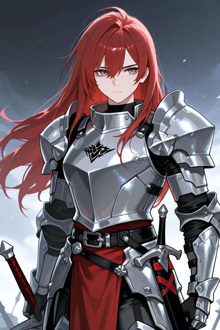 Anime woman wearing silver knight armor and red clothes sword on his ...
