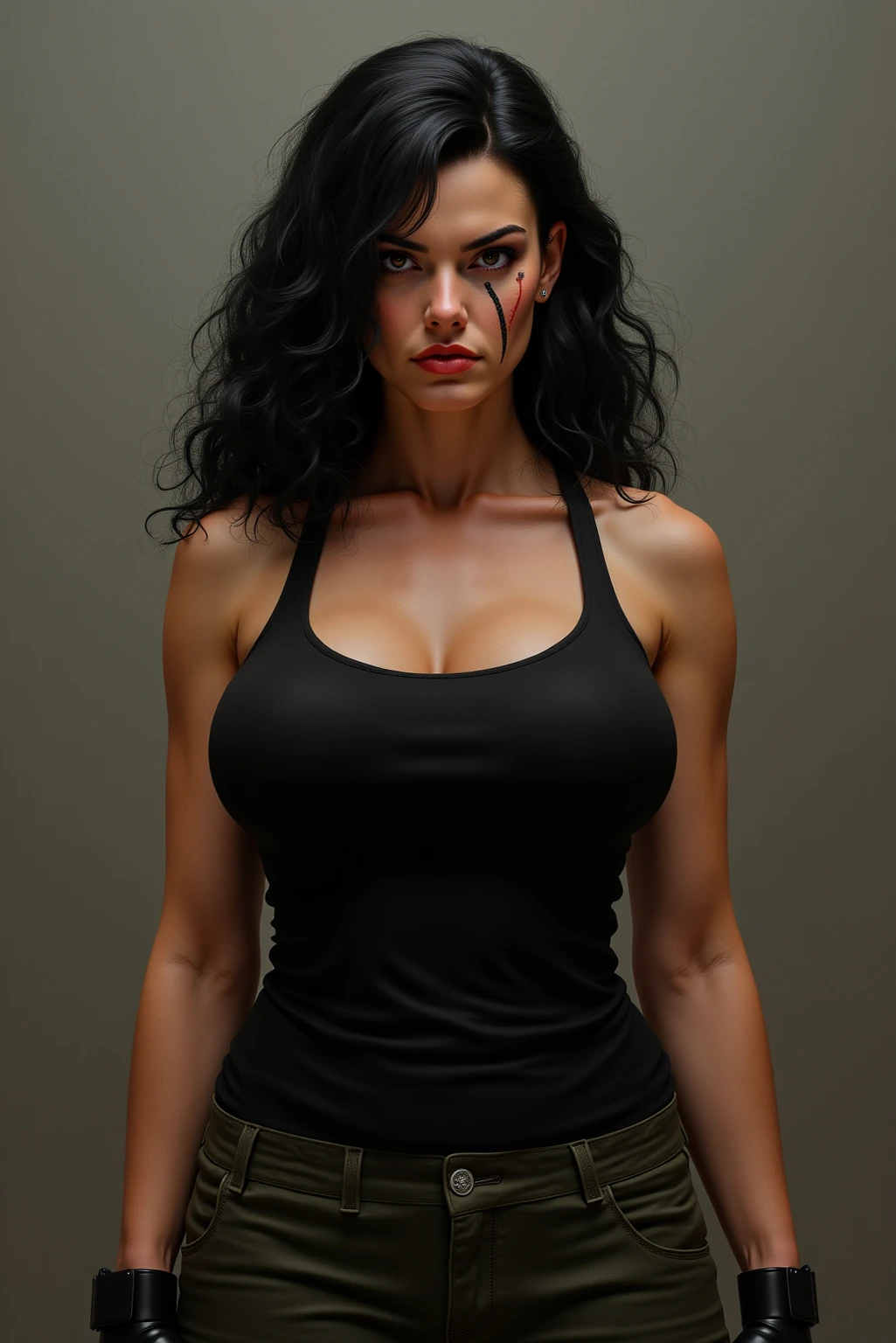 Obese asian model, huge tits with big cleavage and transparent tank top, bloated fat belly in tight pants, wide hips and ass, thick thighs