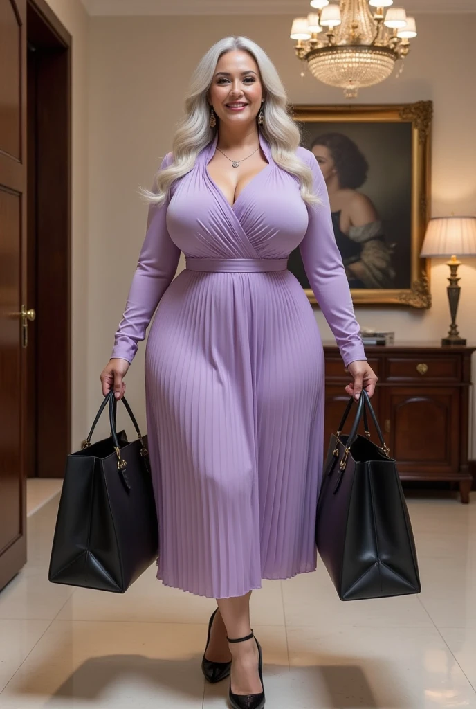 (best quality), big head, (1girl with gigantic breasts:1.3) Pretty Lilac Dress , Stunning outfit , Short straight brown hair , Slingback , Flat Shoes , Fat girl , Bodysuit, Hair blowing , White Pale Skin tone , Ultra HD , 8K , Fat belly, Fat girl , Korean , Sexy Body , mommy