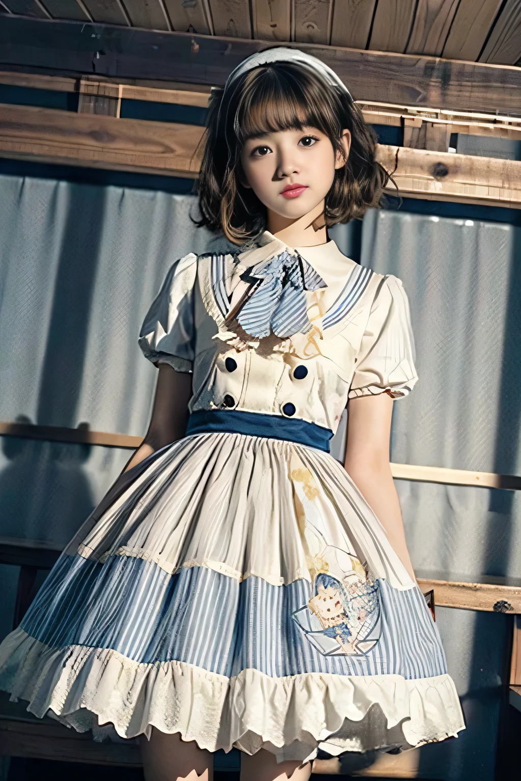 Maid clothesを着た女の子、Maid clothes、mini skirt、 dress、own hugging feet,(master piece:1.3)、(clear pictures)、Raw photo、(highest quality、master piece:1.2)、realistic skin texture、(detailed background : 1.2)、
