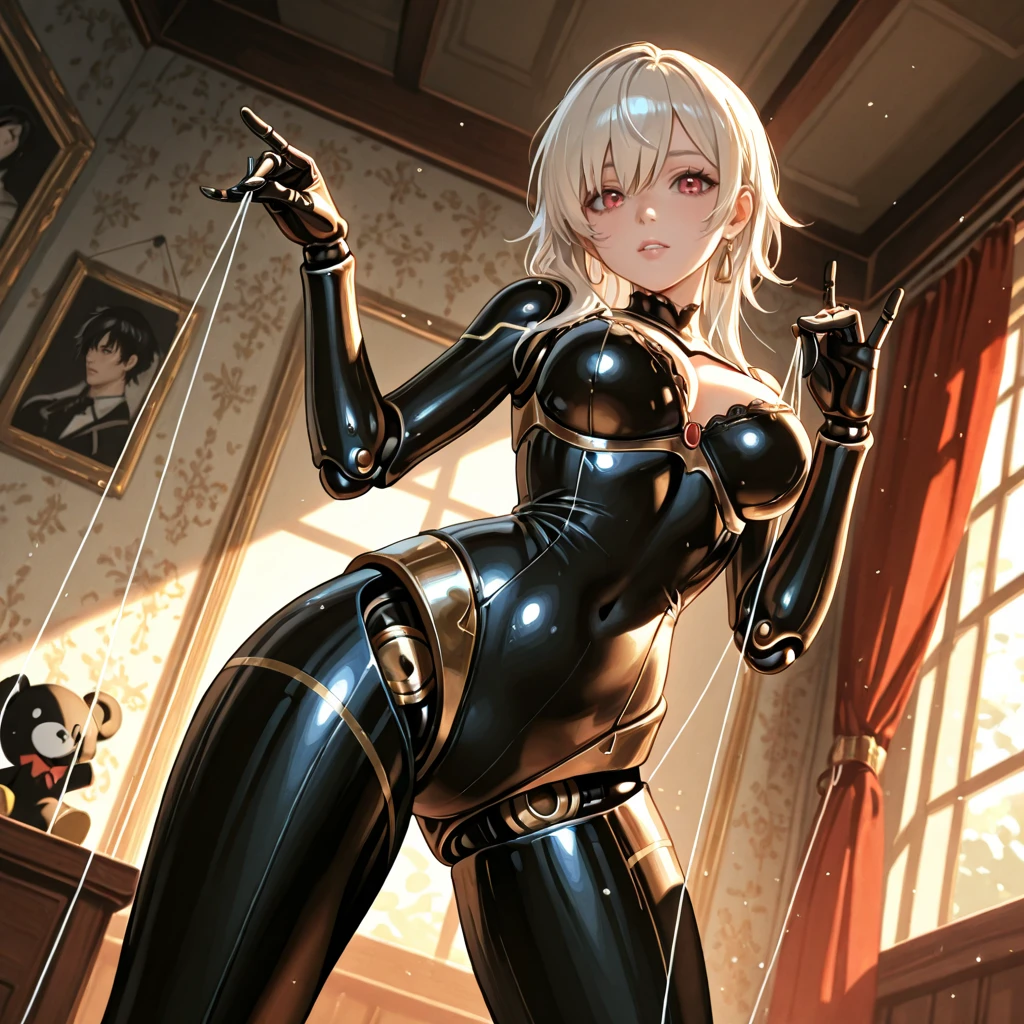 dark fantasy anime illustration of a (mature MILF BIMBO albino skin and short white hair), (FULL BODY) perfect face, wearing tight leather stealth armor, stalking, BIG KNOCKERS CLEAVAGE, lustful smirking smile red blush red cheeks, chain leash, kneeling, shackles, leather black collar slave, ((BLACK background)) hands on glass WITH KNOCKERS on glass, glass window fog water drop, 5 fingers each hand, metal handcuffs, black choker collar, thighhighs, long legs, metal ankle, metal sandals, metal shoulders, standing straight symmetrical against glass