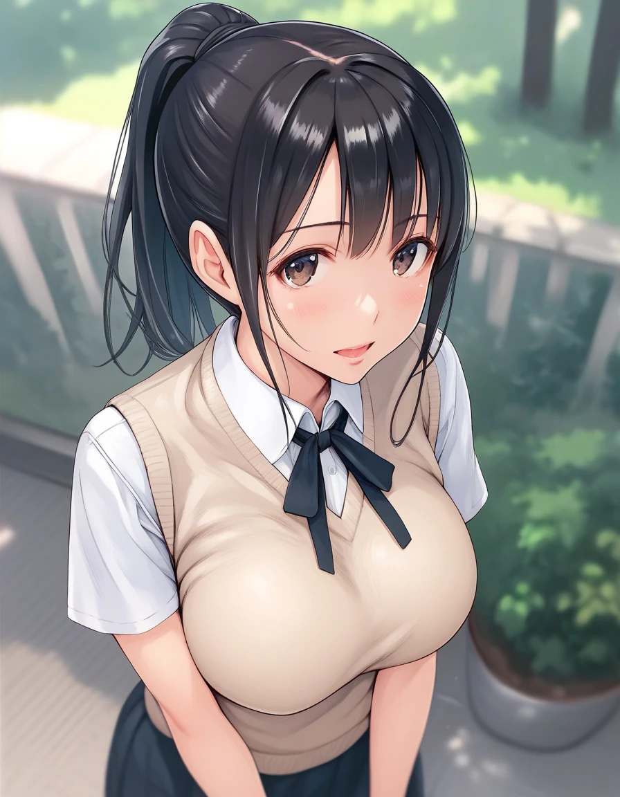 nozomitoujou, nozomi toujou, (green eyes:1.5), purple hair, twintails, low twintails, scrunchie, long hair, (large breast:1.2),
BREAK otonokizaka , pleated skirt, , short sleeves, skirt, summer uniform, sweater vest, yellow sweater vest,
BREAK looking at viewer,
BREAK outdoors, shrine,
BREAK (masterpiece:1.2), best quality, high resolution, unity 8k wallpaper, (illustration:0.8), (beautiful detailed eyes:1.6), extremely detailed face, perfect lighting, extremely detailed CG, (perfect hands, perfect anatomy),