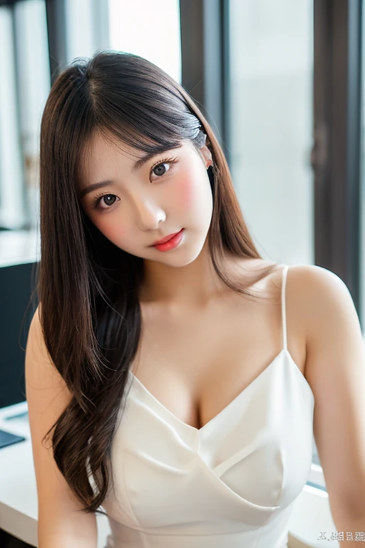 ((best quality, 8K, masterpiece: 1.3)), beautiful woman, pure, melon face, kind and cute, sweet smile, pure desire, slender body, (((Random body direction))), (tilted head), ((looking at camera)), pure desire, wearing a random color short dress, black silky long hair, long flowing shoulders, round black big eyes, clear big eyes, moist red lips, sweet, sitting in a lounge, Old cafe background, 28 years old, ((chest to head shot)),