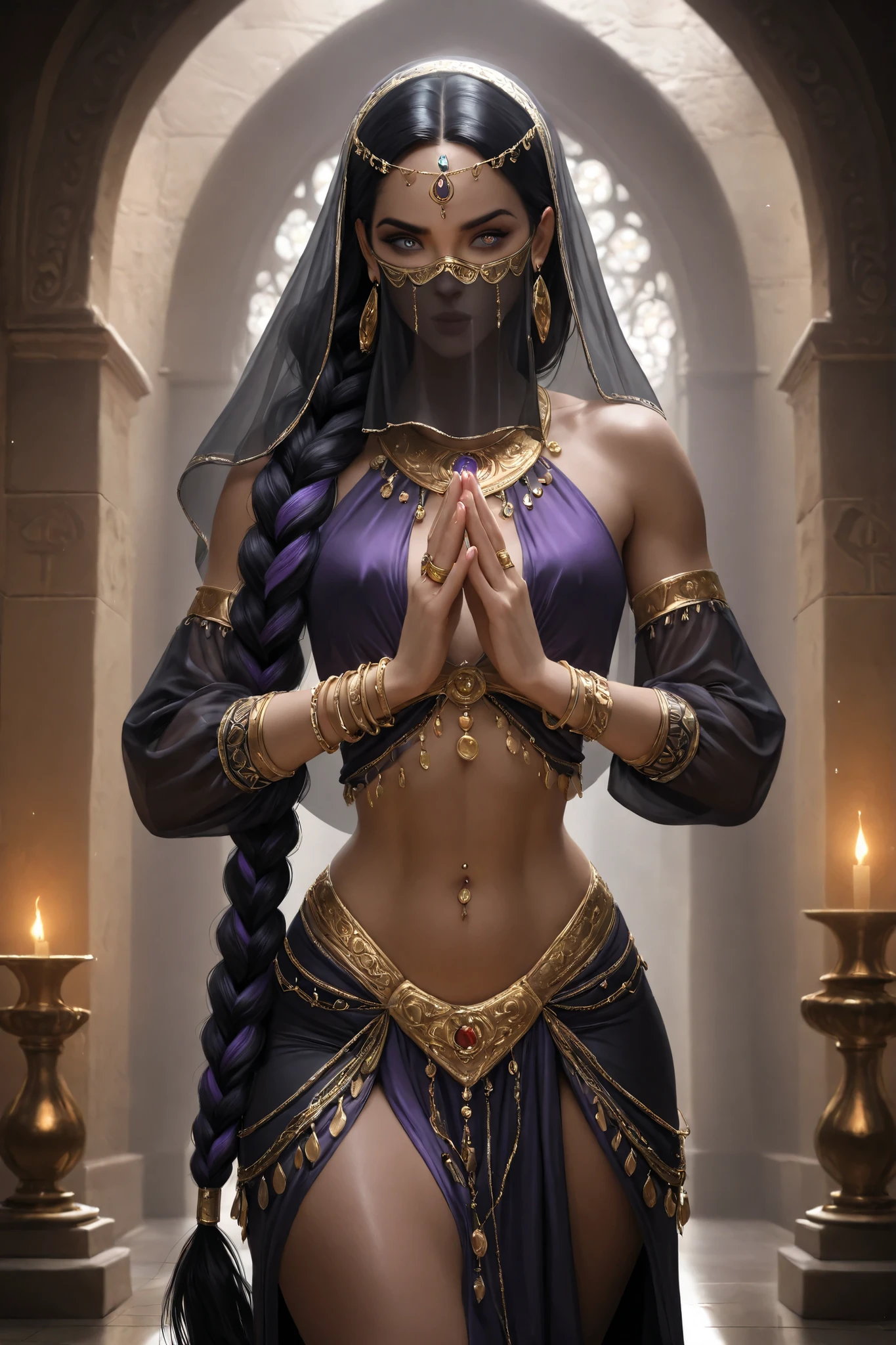 (tangobat:0.7),(Sakimichan:0.7)(High CT quality,4k,High resolution,main piece:2.3),Very detailed,Realistic:1.37,Best quality,masterpiece, high resolution,on_body, Tyndall effect,photorealistic, Edge lighting, Two-color lighting,(high definition skin:2.3), (8K UHD, DSLR quality, soft lighting, high quality, surround lighting, sincere, de 8K , 4K, 8K.) The girl is an belly dancer. She has copper-colored black skintone. She has a henna patterns of mehendi art painted on her hands, and there is a red bindi dot on her forehead. She has a jet-black hair with purple highlights, hair hairstyle is a long braid gathered and printed with golden hairpins. She has heterochromia: one eye is turquoise and the other is navi blue. (A pink-gold face veil that covers the lower half of the face) She is dressed in pink ethnic dancer outfit (sari) : a short-sleeved top, a floor-length skirt, and a scarf embroidered with golden lotus that she wears over her shoulder. she has a turquoise veil dupatta on her head. She wears a lot of bracelets and gold rings on her hands, a massive gold jewelry around her neck, large gold earrings in her ears and a piercing in her navel. IN the background: a rich arabian-style palace, the walls and ceiling are decorated with mosaics, from the window a tropical garden where flowers bloom and peacocks walk.